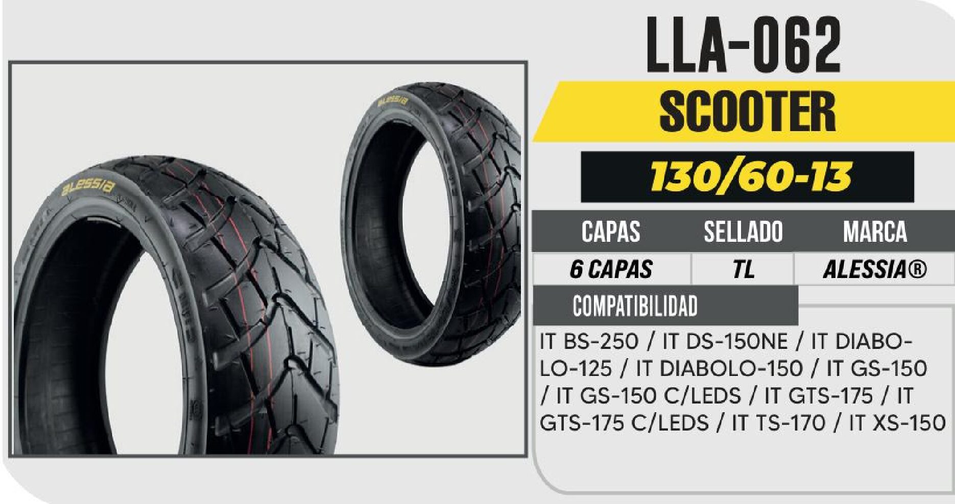 LLANTA 130/60-13 PREMIUM 6 CAPAS 334 DOBLE PROPOSITO NO USA CAMARA (TL) / LLA-062