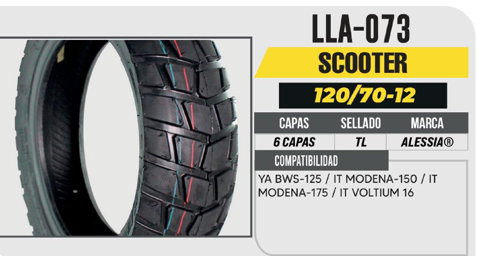 LLANTA 120/70-12 PREMIUM 6 CAPAS A361 DOBLE PROPOSITO NO USA CAMARA (TL) / LLA-073