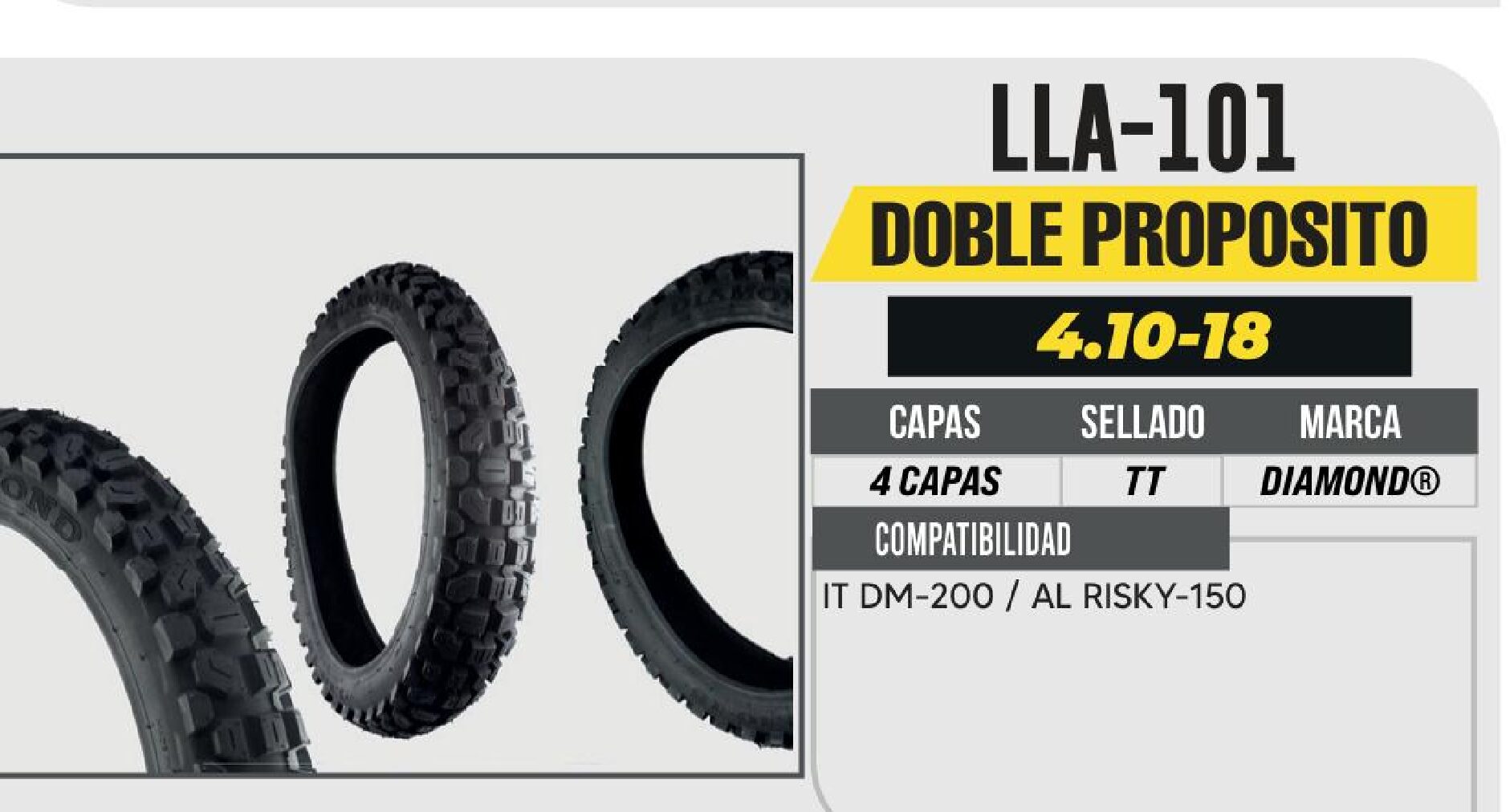 LLANTA 410-18 DIAMOND 4 CAPAS D-567 TACON ALTO USA CAMARA (TT) TRASERA / LLA-101