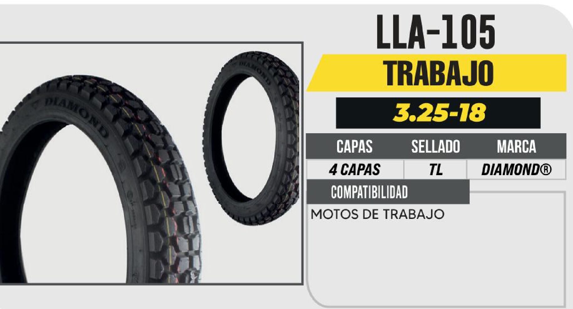 LLANTA 325-18 DIAMOND DOBLE COMPUESTO 4 CAPAS D565 TACON BAJO NO USA CAMARA (TL) TRASERA / LLA-105