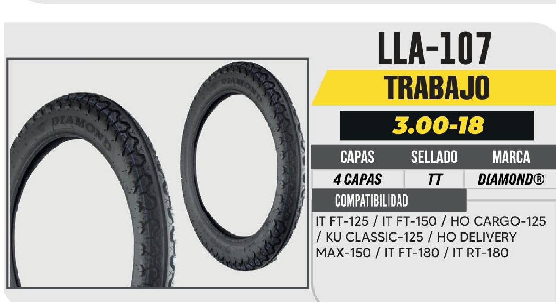 LLANTA 300-18 DIAMOND 4 CAPAS D-530 CALLE USA CAMARA (TT) TRASERA / LLA-107