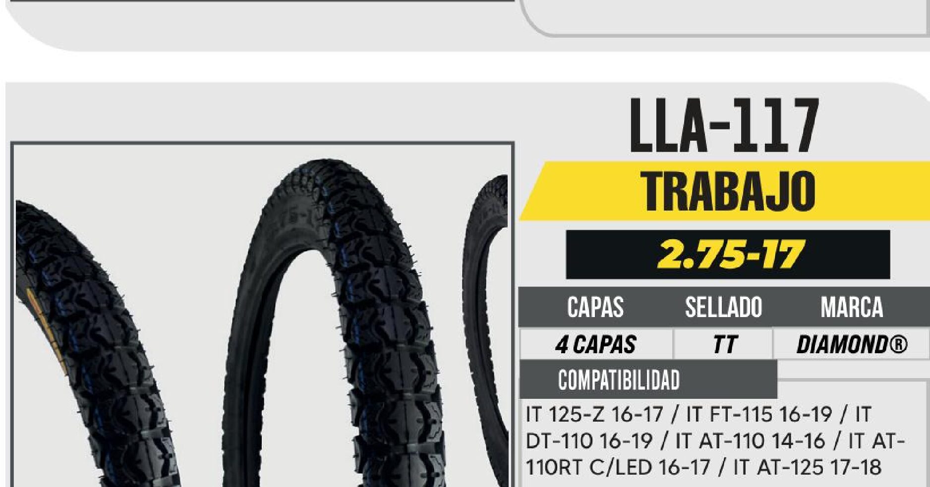 LLANTA 275-17 DIAMOND 4 CAPAS D-552 CALLE USA CAMARA (TT) TRASERA / LLA-117