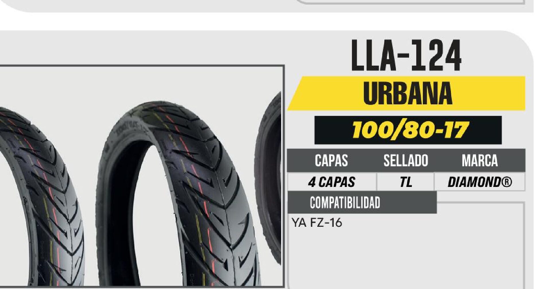 LLANTA 100/80-17 DIAMOND 4 CAPAS D-596 NO USA CAMARA (TL) DELANTERA / LLA-124