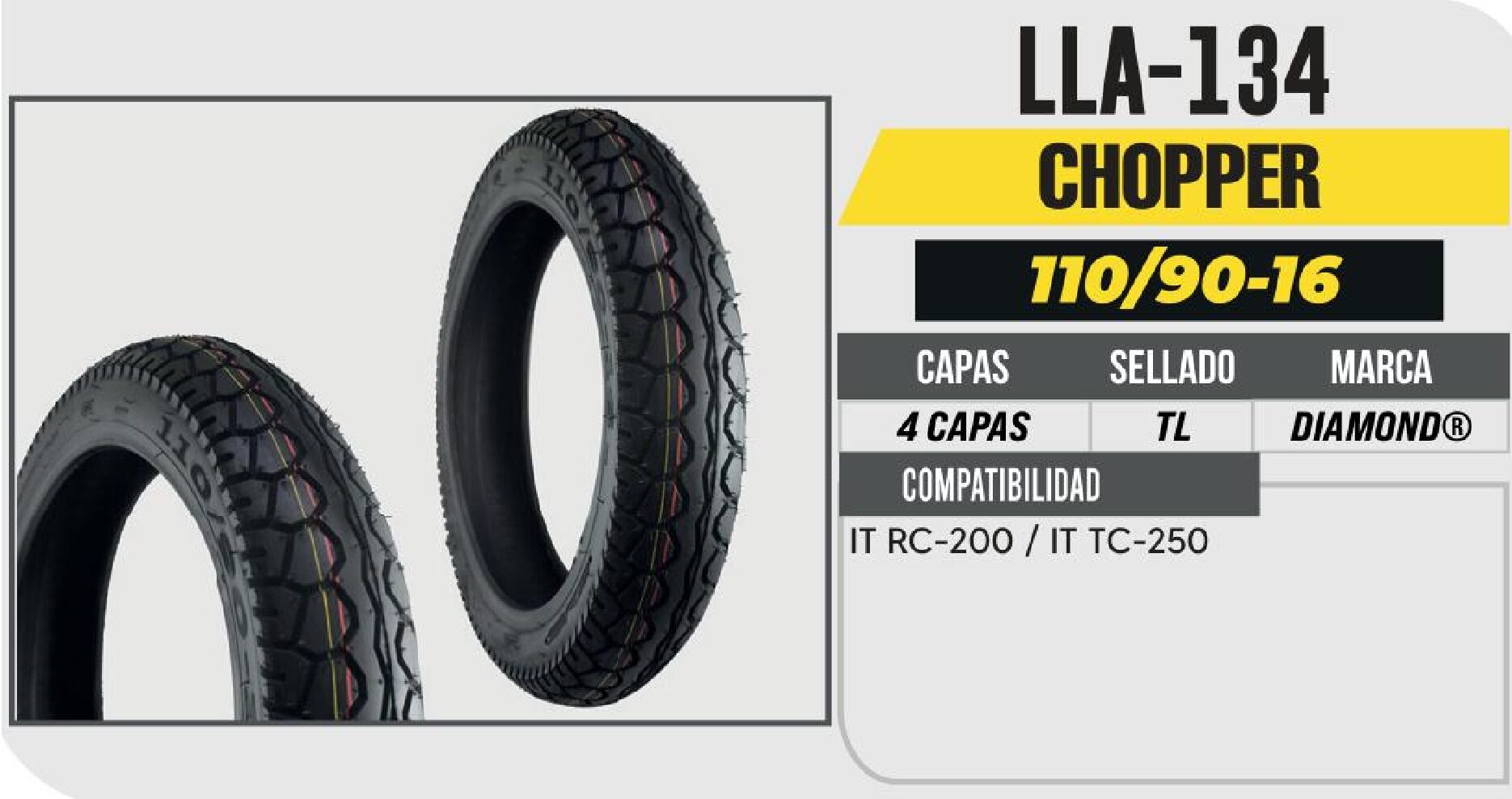 LLANTA 110/90-16 DIAMOND 4 CAPAS NO USA CAMARA (TL) DELANTERA / LLA-134