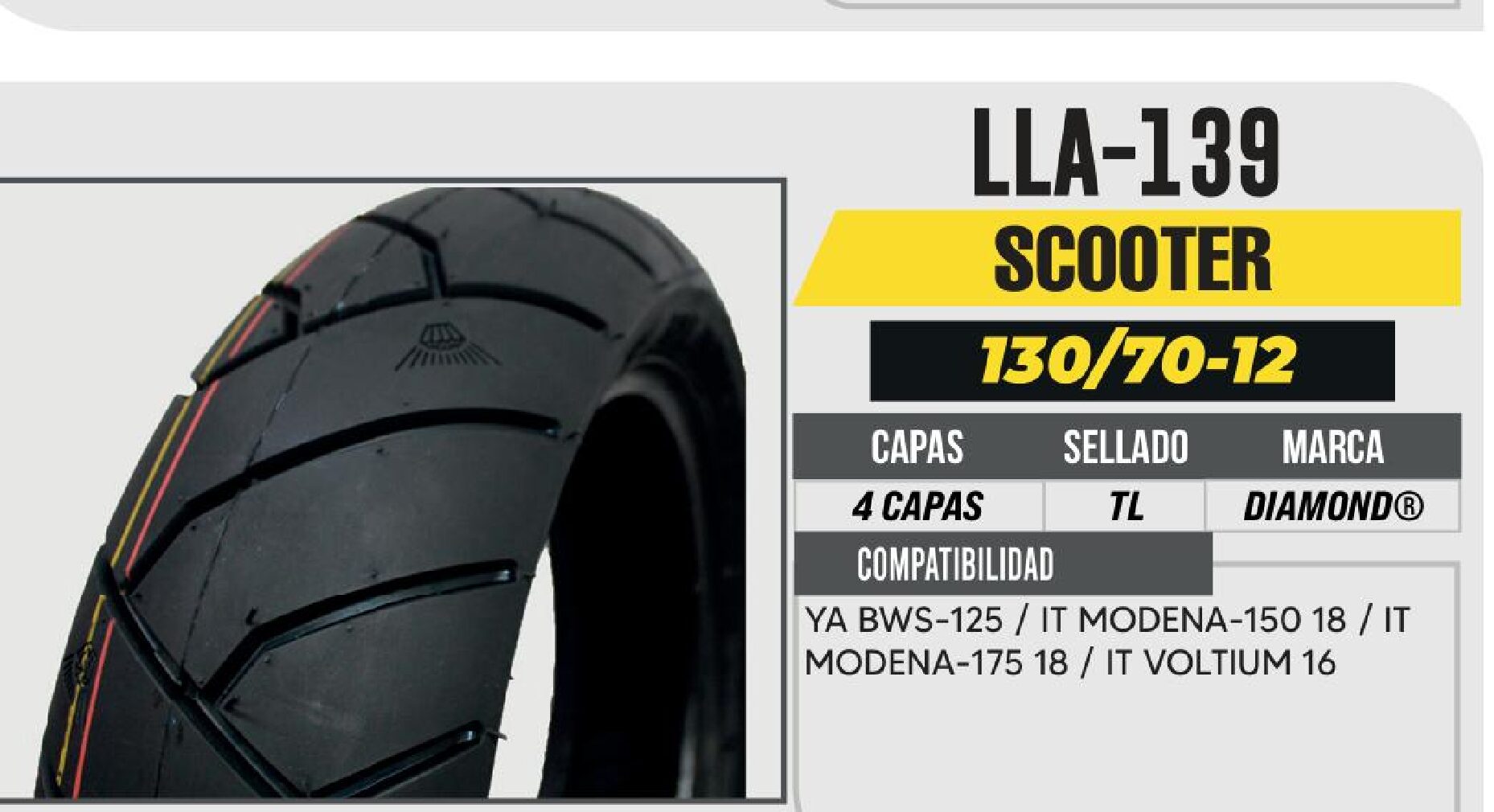 LLANTA 130/70-12 DIAMOND 4 CAPAS D641 NO USA CAMARA (TL) TRASERA / LLA-139