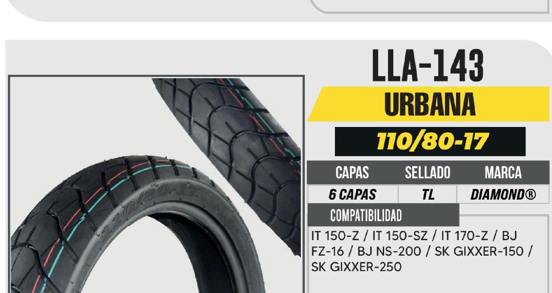 LLANTA 110/80-17 DIAMOND 6 CAPAS D-651 NO USA CAMARA (TL) / LLA-143