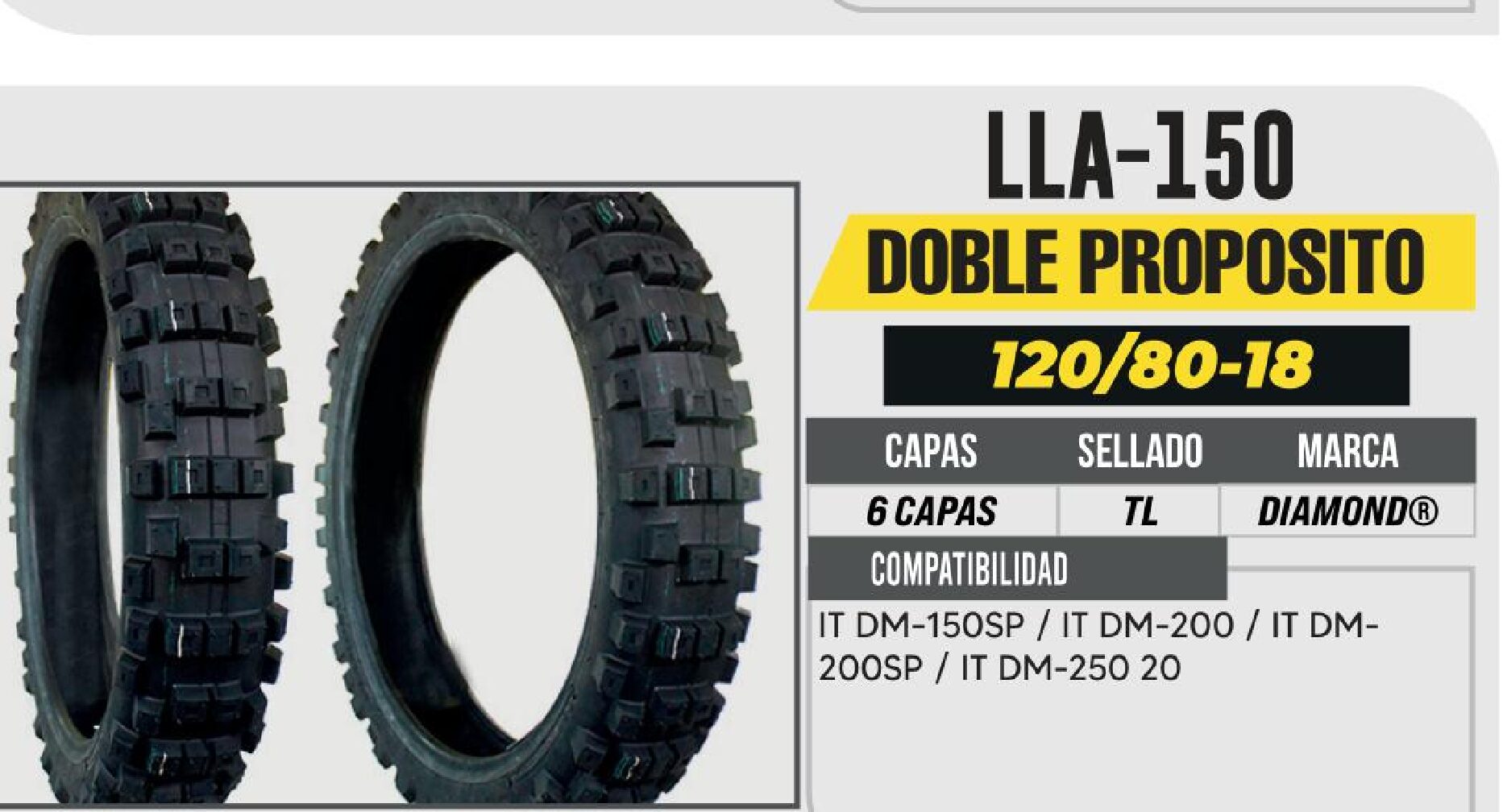LLANTA 120/80-18 DIAMOND 6 CAPAS D-633 DOBLE PROPOSITO NO USA CAMARA (TL) / LLA-150