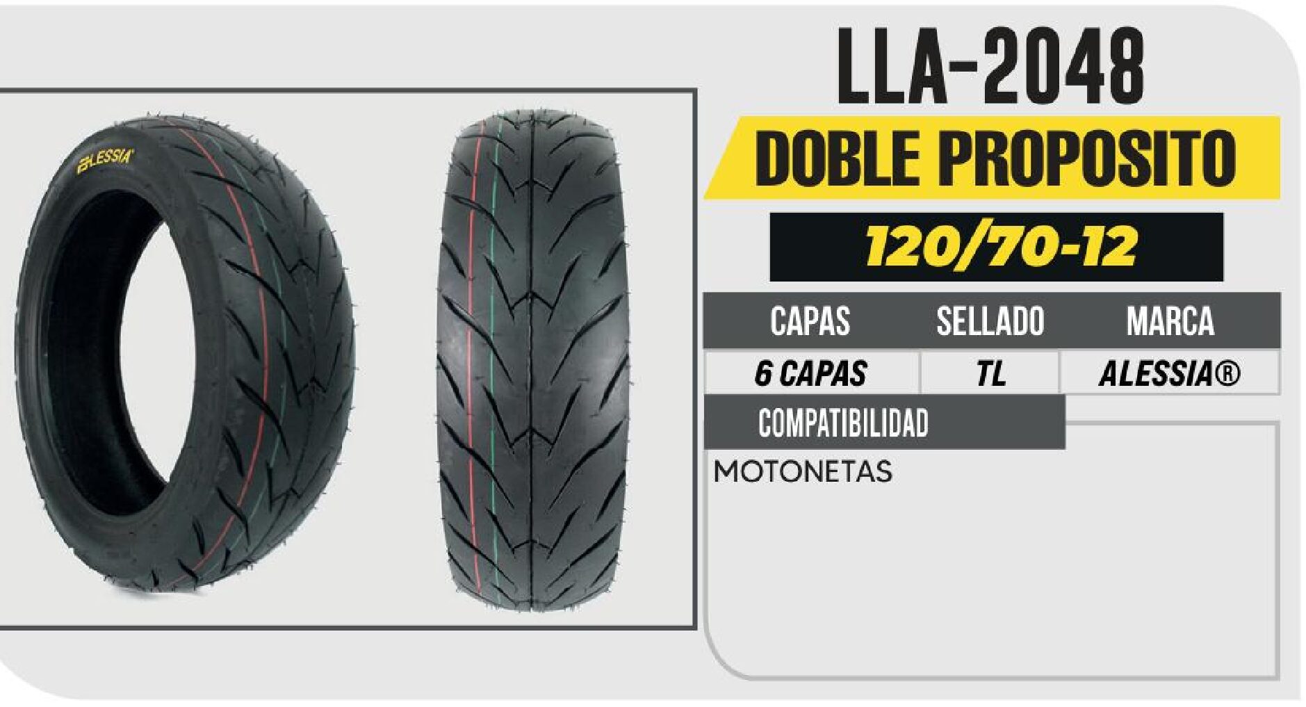 LLANTA 120/70-12 DELANTERA PREMIUM 6 CAPAS P810 SCOTTER SIN CAMARA (TL) / LLA-2048