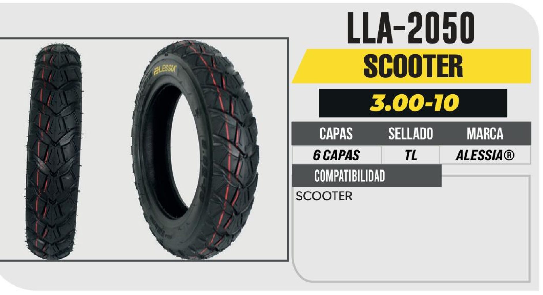 LLANTA 3.00-10 PREMIUM 6 CAPAS P288 SCOTTER SIN CAMARA (TL) / LLA-2050