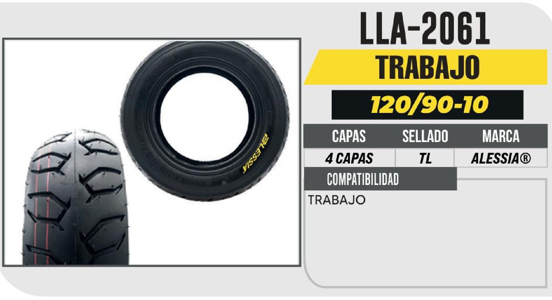LLANTA 120/90-10 PREMIUM 4 CAPAS P804 TRABAJO NO USA CAMARA (TL) / LLA-2061