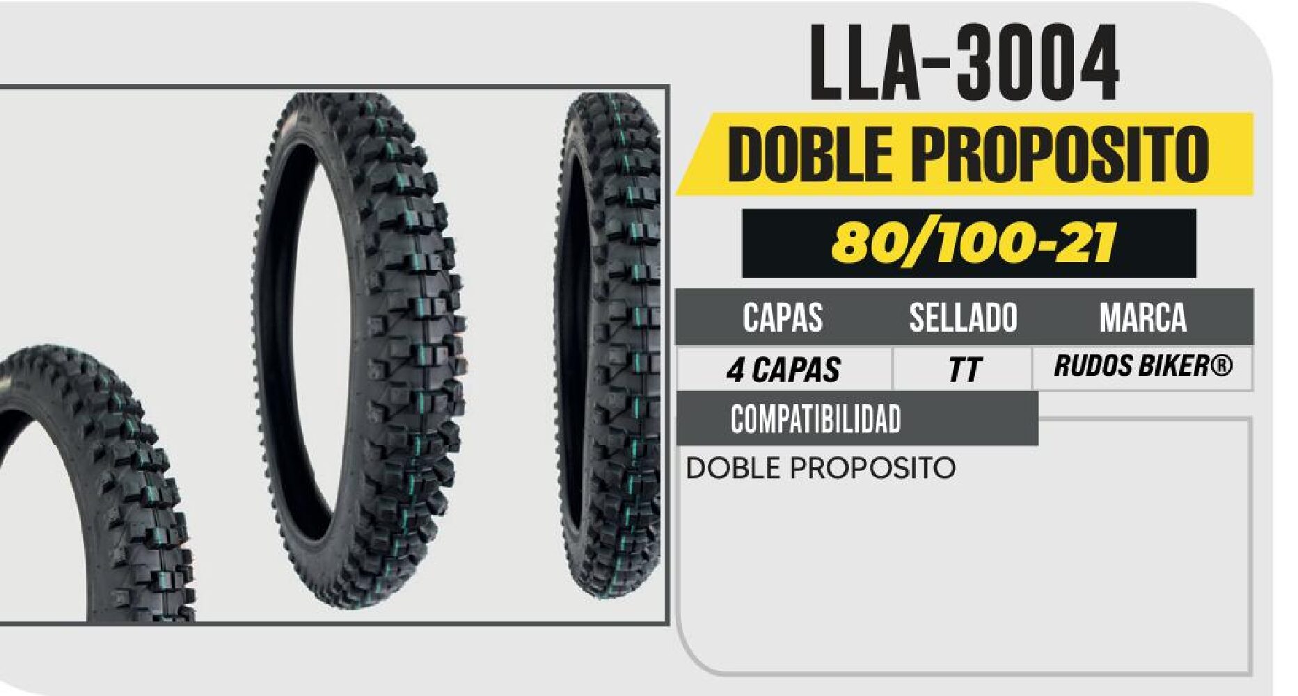LLANTA 80/100-21 RUDOS BIKER 4 CAPAS P153 DOBLE PROPOSITO USA CAMARA (TT) / LLA-3004