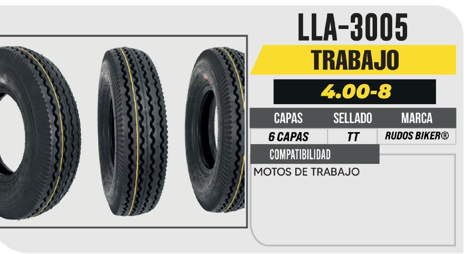LLANTA 4.00-8 RUDOS BIKER 4 CAPAS P346 TRABAJO USA CAMARA (TT) / LLA-3005