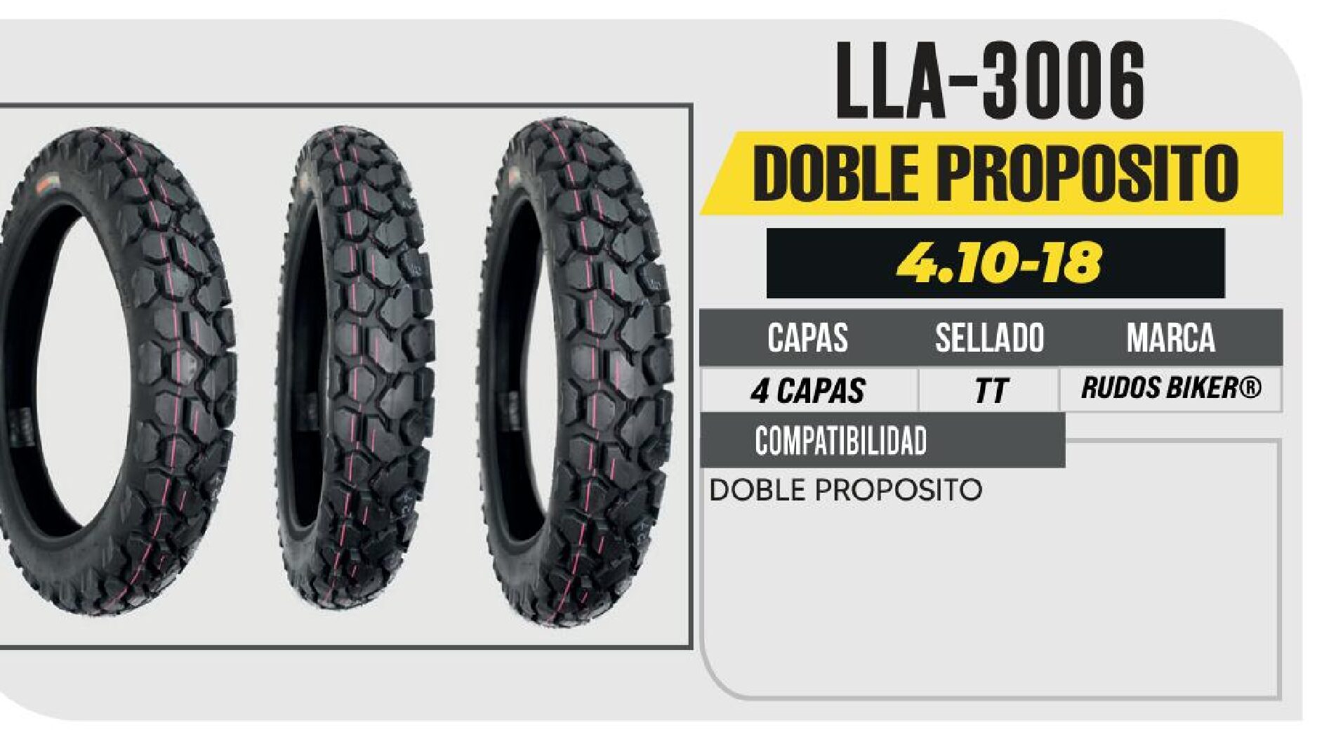LLANTA 4.10-18 RUDOS BIKER 4 CAPAS P271 DOBLE PROPOSITO USA CAMARA (TT) / LLA-3006