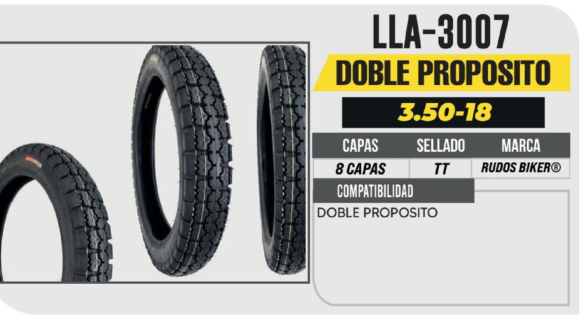 LLANTA 3.50-18 RUDOS BIKER 8 CAPAS P181 DOBLE PROPOSITO USA CAMARA (TT) / LLA-3007