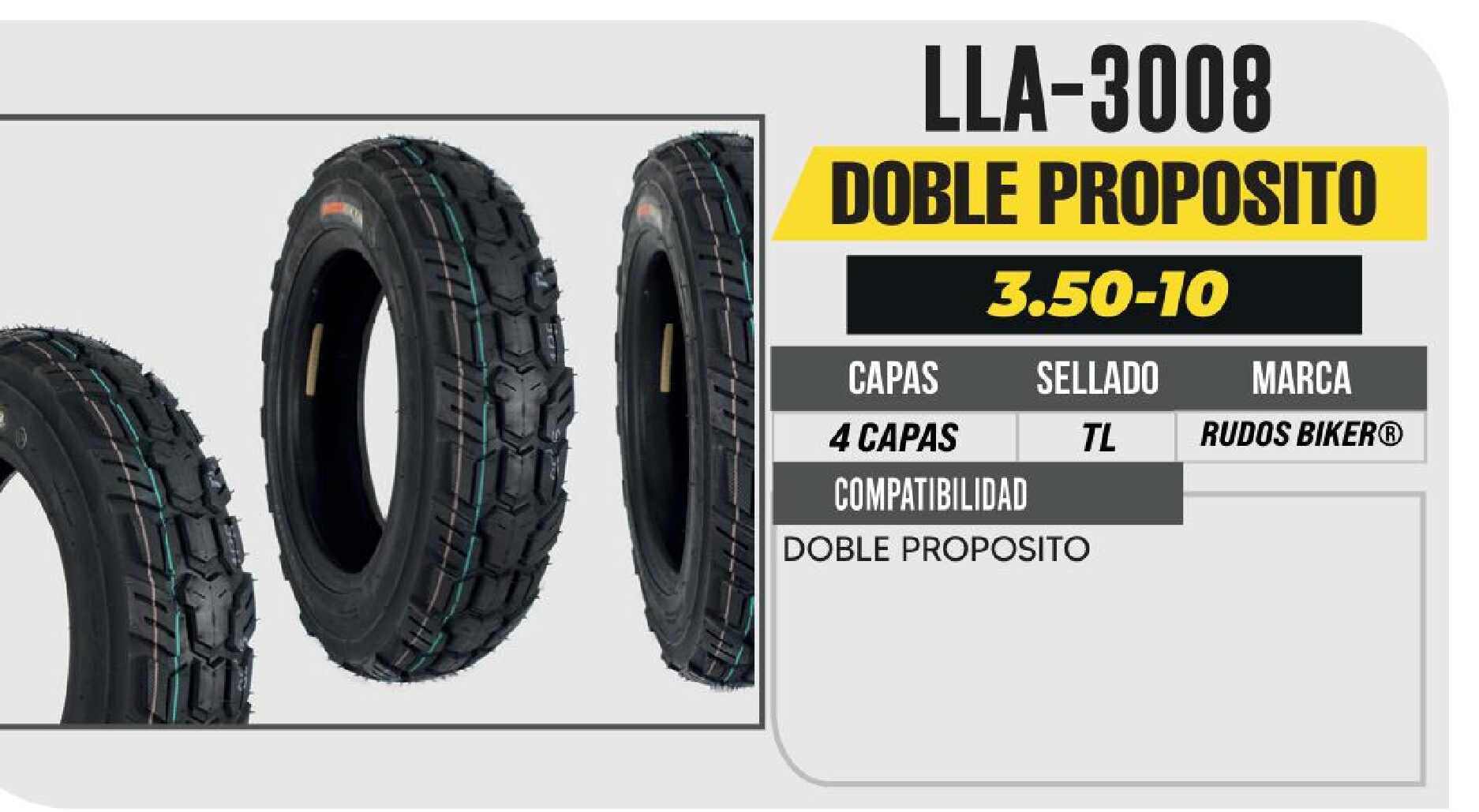 LLANTA 3.50-10 RUDOS BIKER 4 CAPAS CY211A DOBLE PROPOSITO NO USA CAMARA (TL) / LLA-3008