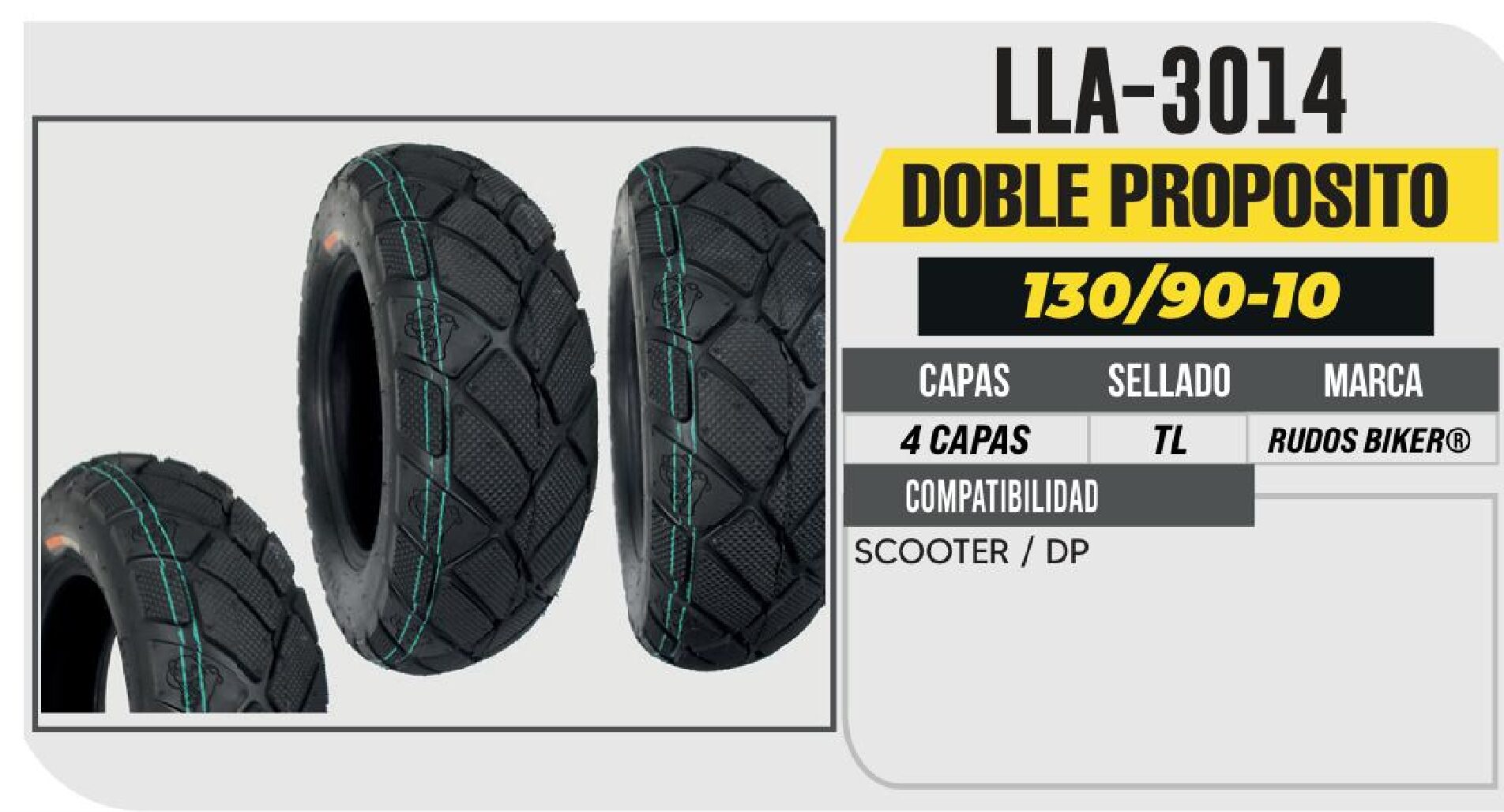 POWER - LLANTA 130/90-10 RUDOS BIKER 4 CAPAS P277 SCOOTER NO USA CAMARA (TL) / LLA-3014