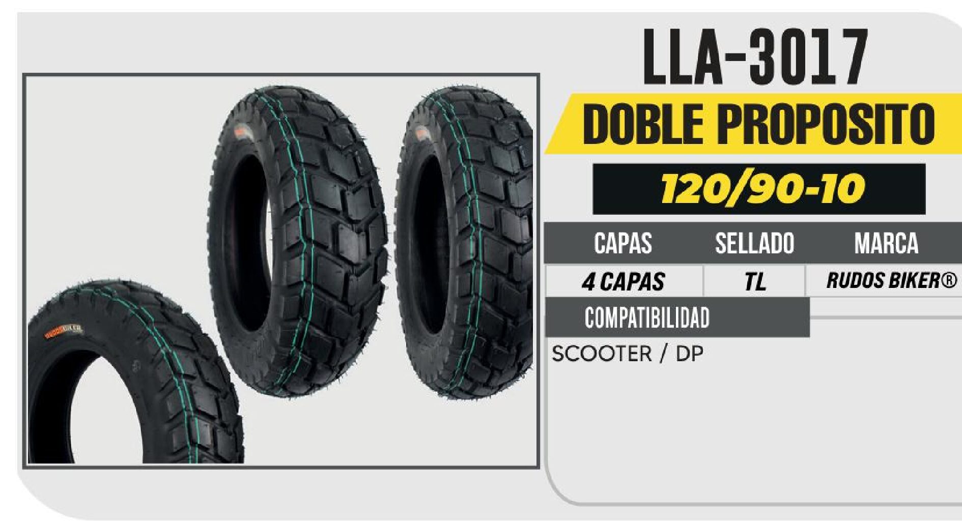 LLANTA 120/90-10 RUDOS BIKER 4 CAPAS P126 SCOOTER NO USA CAMARA (TL) / LLA-3017