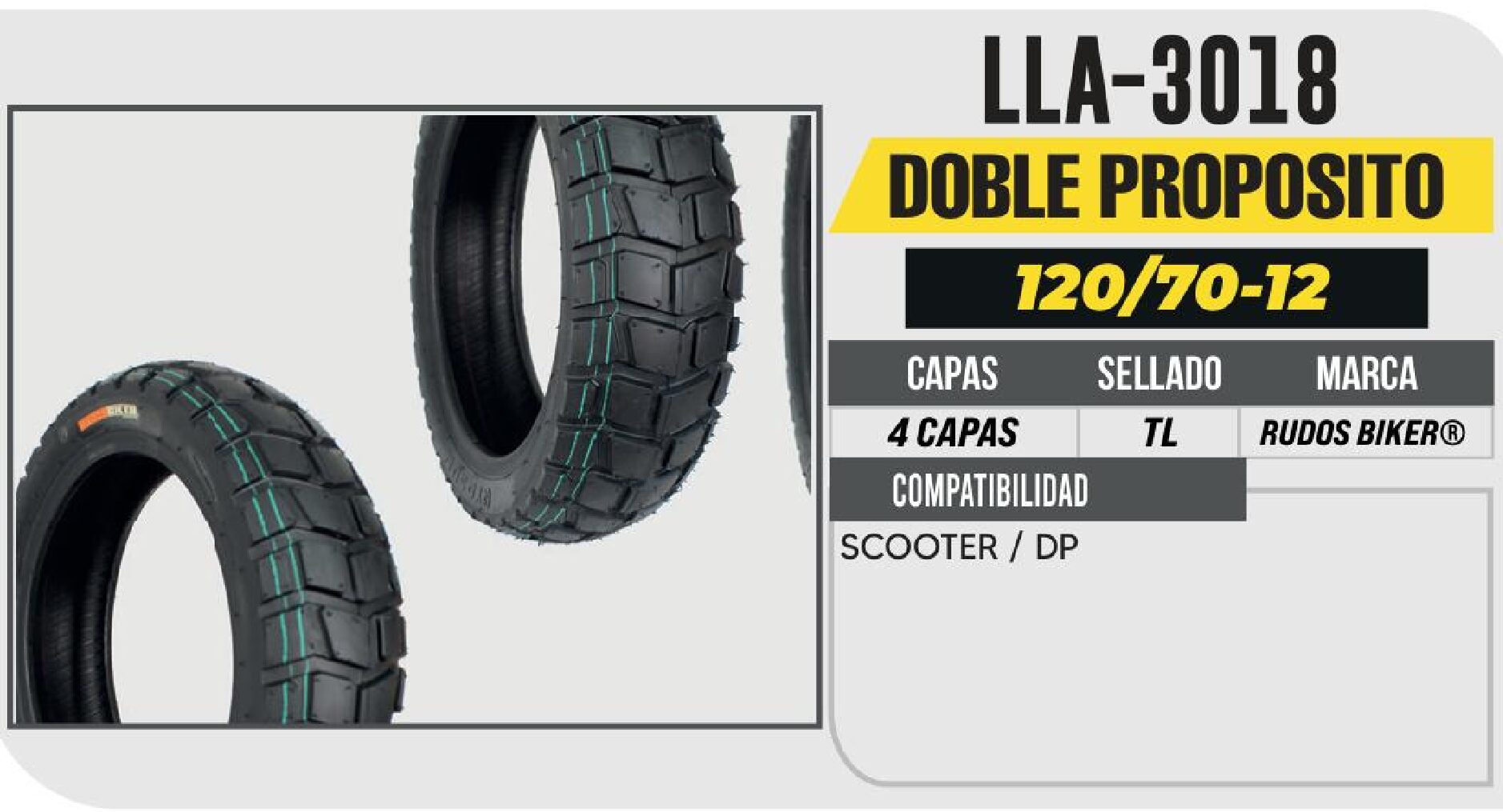 LLANTA 120/70-12 RUDOS BIKER 4 CAPAS P215 SCOOTER NO USA CAMARA (TL) / LLA-3018