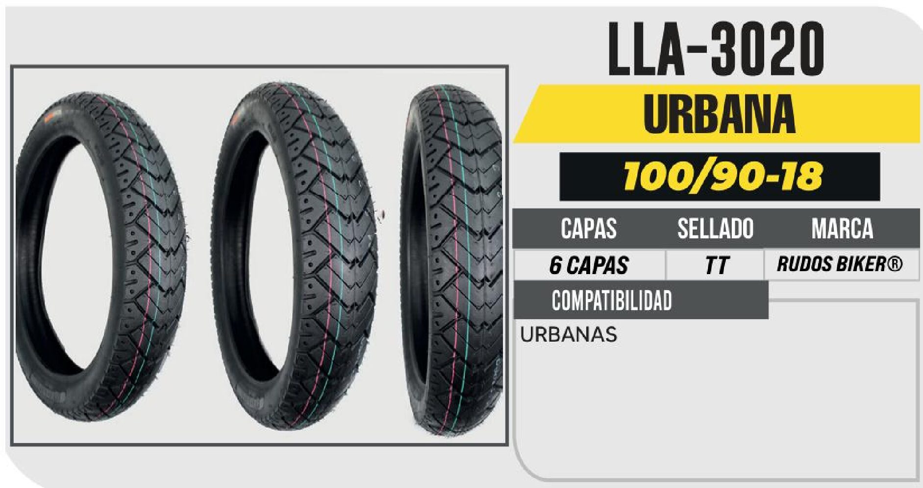 LLANTA 100/90-18 RUDOS BIKER 6 CAPAS P69 URBANA USA CAMARA (TT) / LLA-3020