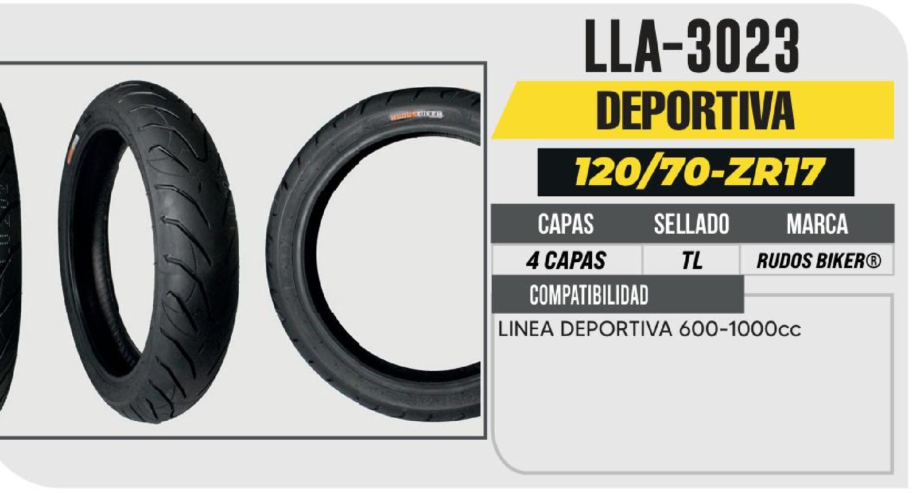 OWER - LLANTA 120/70-ZR17 RUDOS BIKER 4 CAPAS CYR201 CALLE NO USA CAMARA (TL) DELANTERA / LLA-3023