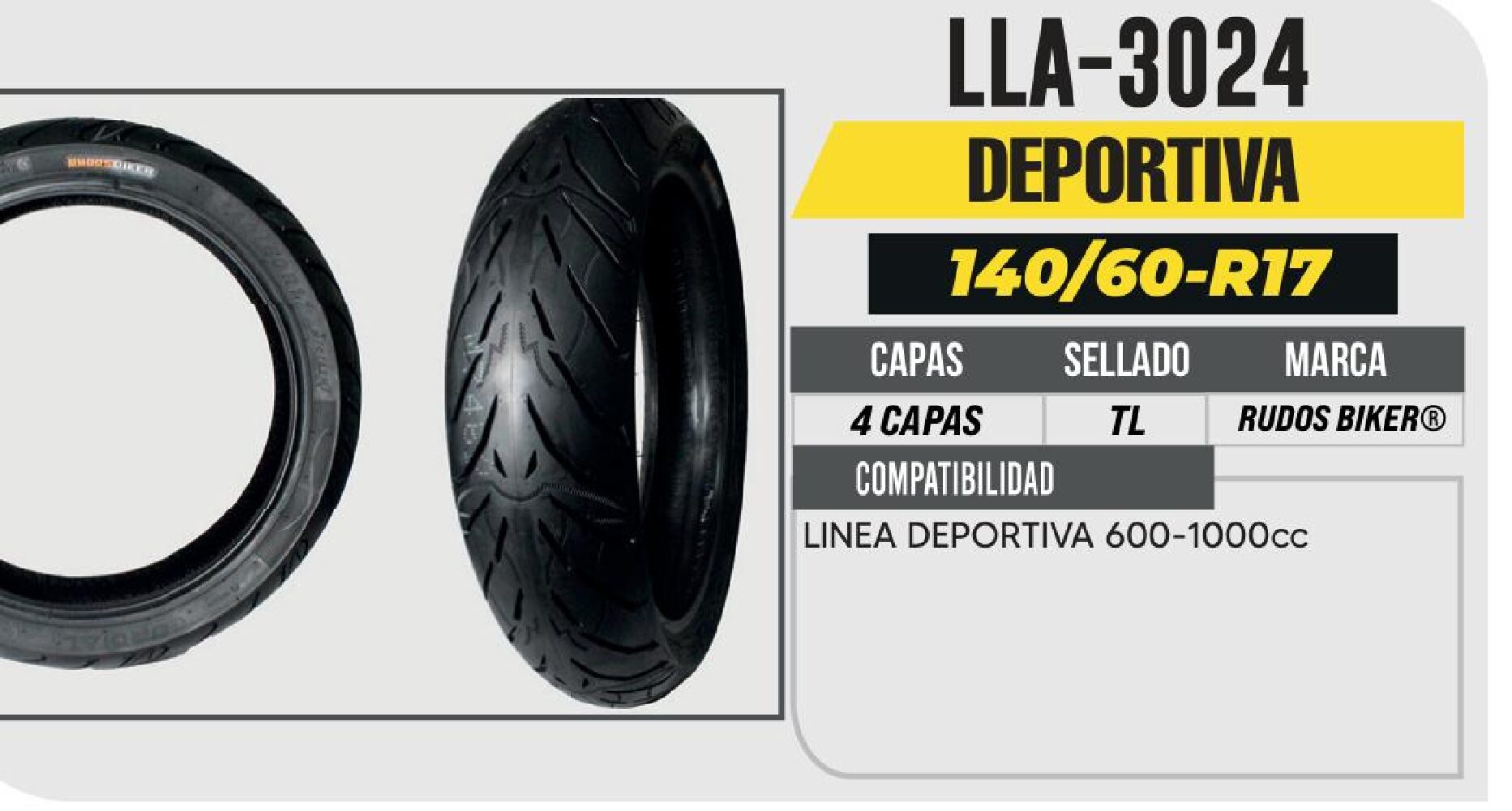 POWER - LLANTA 140/60-R17 RUDOS BIKER 4 CAPAS CYR200 CALLE NO USA CAMARA (TL) TRASERA / LLA-3024