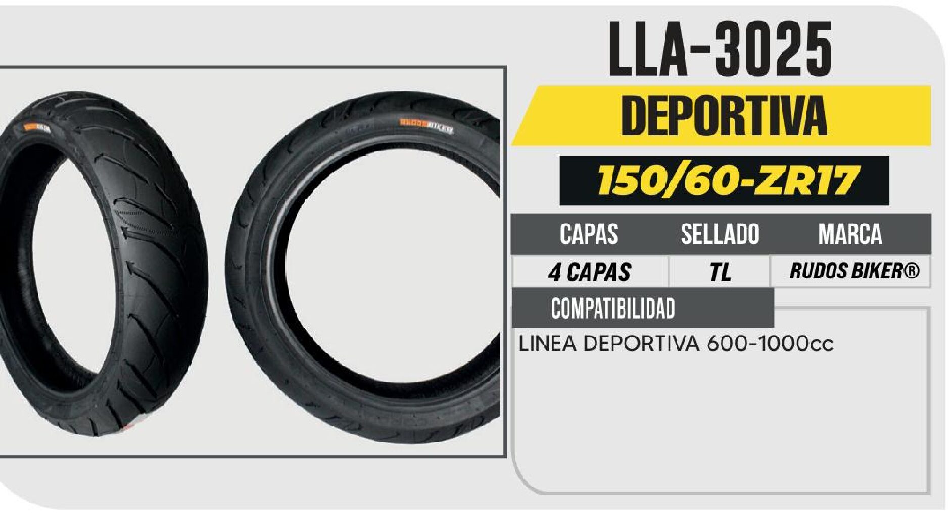 LLANTA 150/60-ZR17 RUDOS BIKER 4 CAPAS CYR100 CALLE NO USA CAMARA (TL) TRASERA / LLA-3025