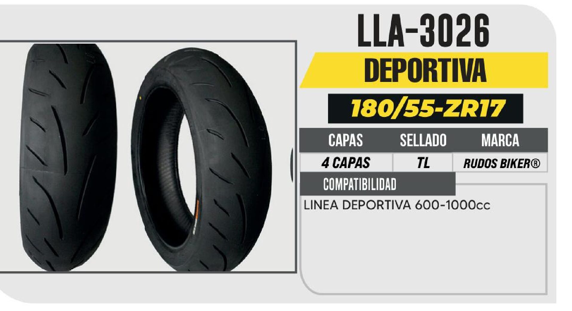 LLANTA 180/55-ZR17 RUDOS BIKER 4 CAPAS CYR100 CALLE NO USA CAMARA (TL) TRASERA / LLA-3026