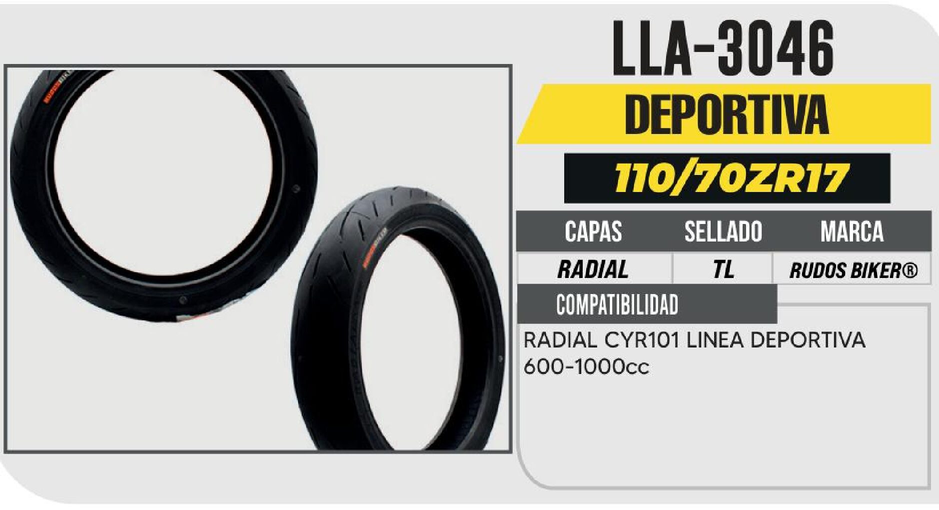 POWER - LLANTA 110/70ZR17 RUDOS BIKER RADIAL CYR101 CALLE NO USA CAMARA (TL) TRASERA / LLA-3046
