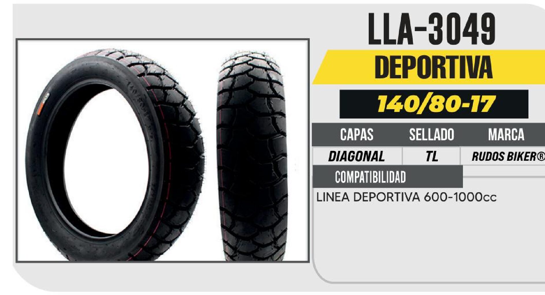 LLANTA PARA MOTOCICLETA DIAGONAL 140/80-17 RUDOS BIKER CY317 CALLE NO USA CAMARA (TL) TRASERA / LLA-3049