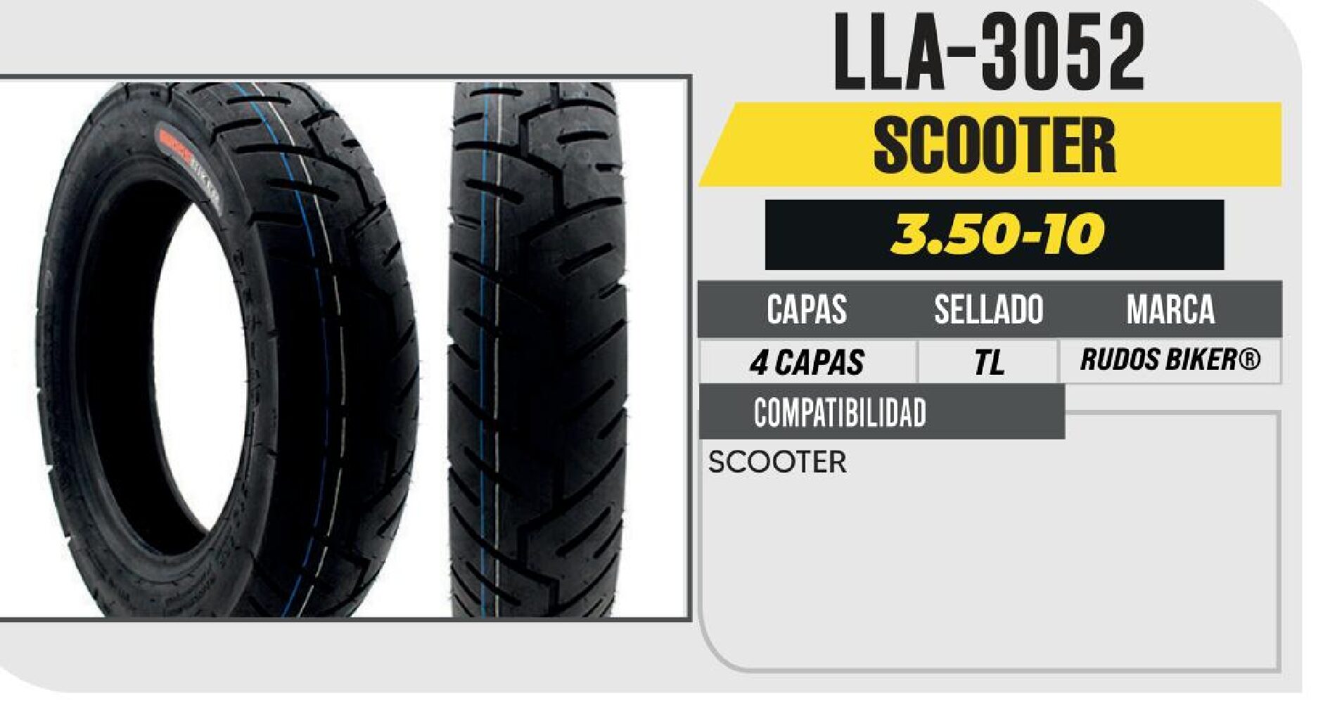 POWER - LLANTA PARA MOTOCICLETA 3.50-10 RUDOS BIKER P283 4PR CALLE NO USA CAMARA (TL) / LLA-3052