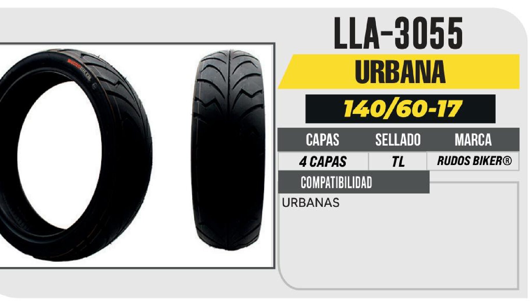 LLANTA PARA MOTOCICLETA 140/60-17 RUDOS BIKER CY185 CALLE 4PR NO USA CAMARA (TL) TRASERA / LLA-3055