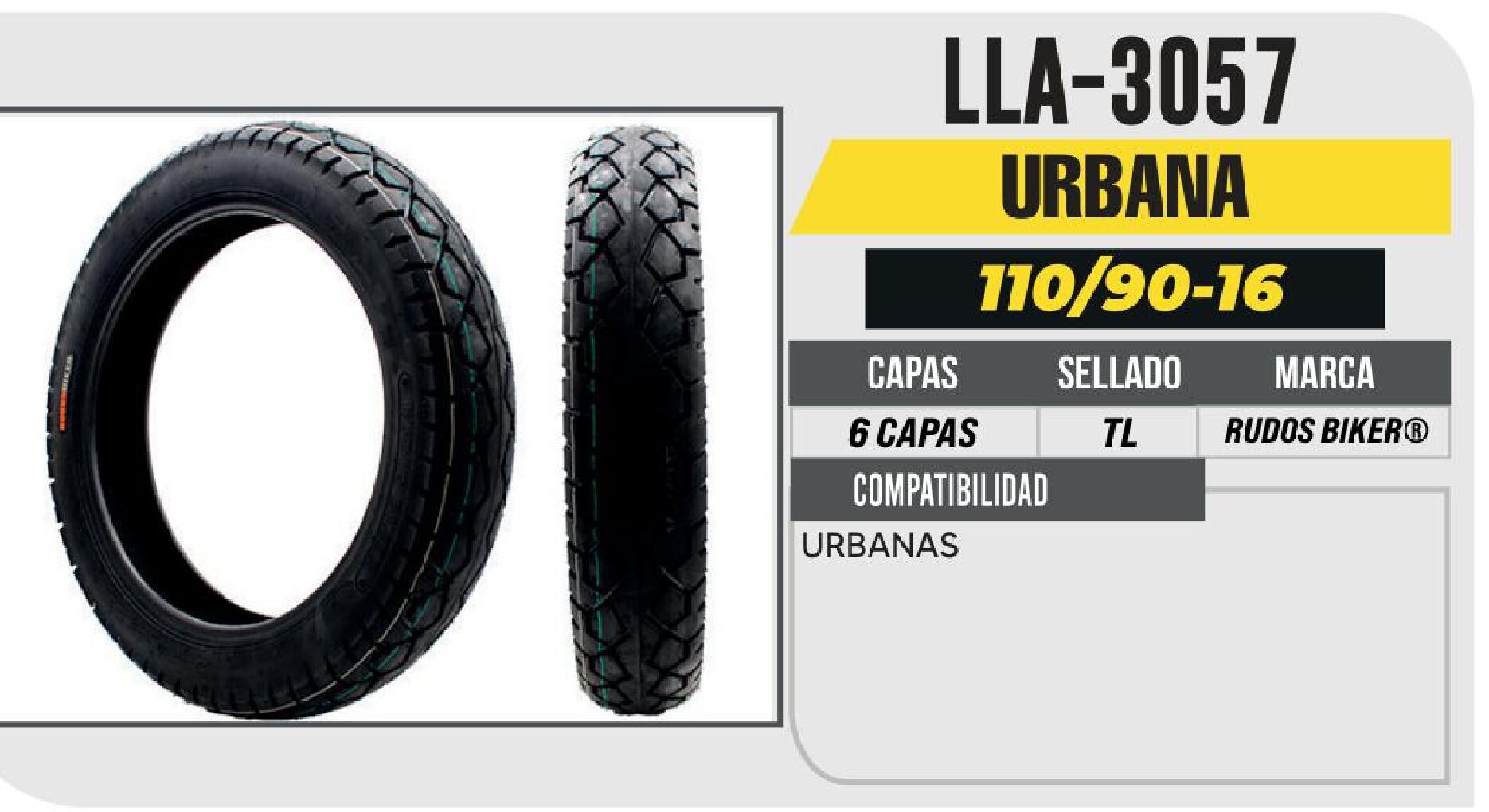 LLANTA PARA MOTOCICLETA 110/90-16 RUDOS BIKER P30 CALLE 6PR NO USA CAMARA (TL) DELANTERA / LLA-3057