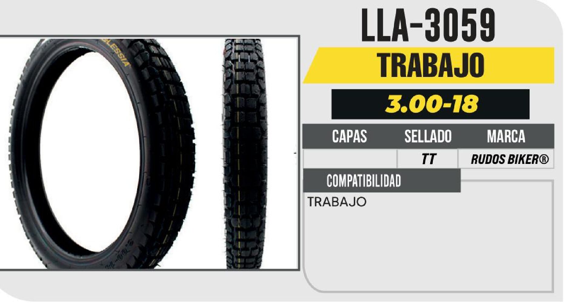 LLANTA PARA MOTOCICLETA 3.00-18 ALESSIA PREMIUM P346 TRABAJO USA CAMARA (TT) TRASERA / LLA-3059