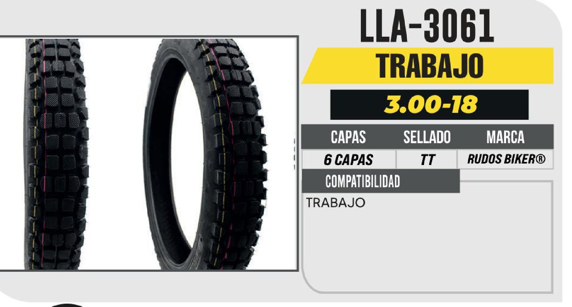 LLANTA PARA MOTOCICLETA 3.00-18 P115 TRABAJO 6PR USA CAMARA (TT) TRASERA / LLA-3061