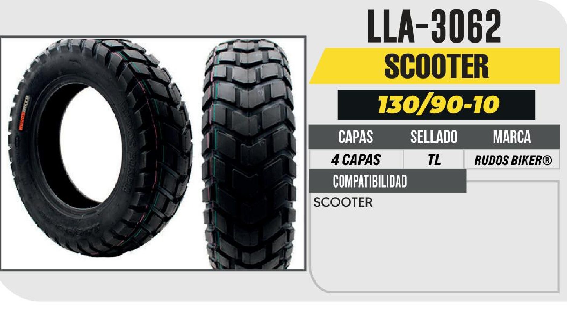 LLANTA PARA MOTOCICLETA 130/90-10 RUDOS BIKER P126 SCOOTER 4PR NO USA CAMARA (TL) / LLA-3062