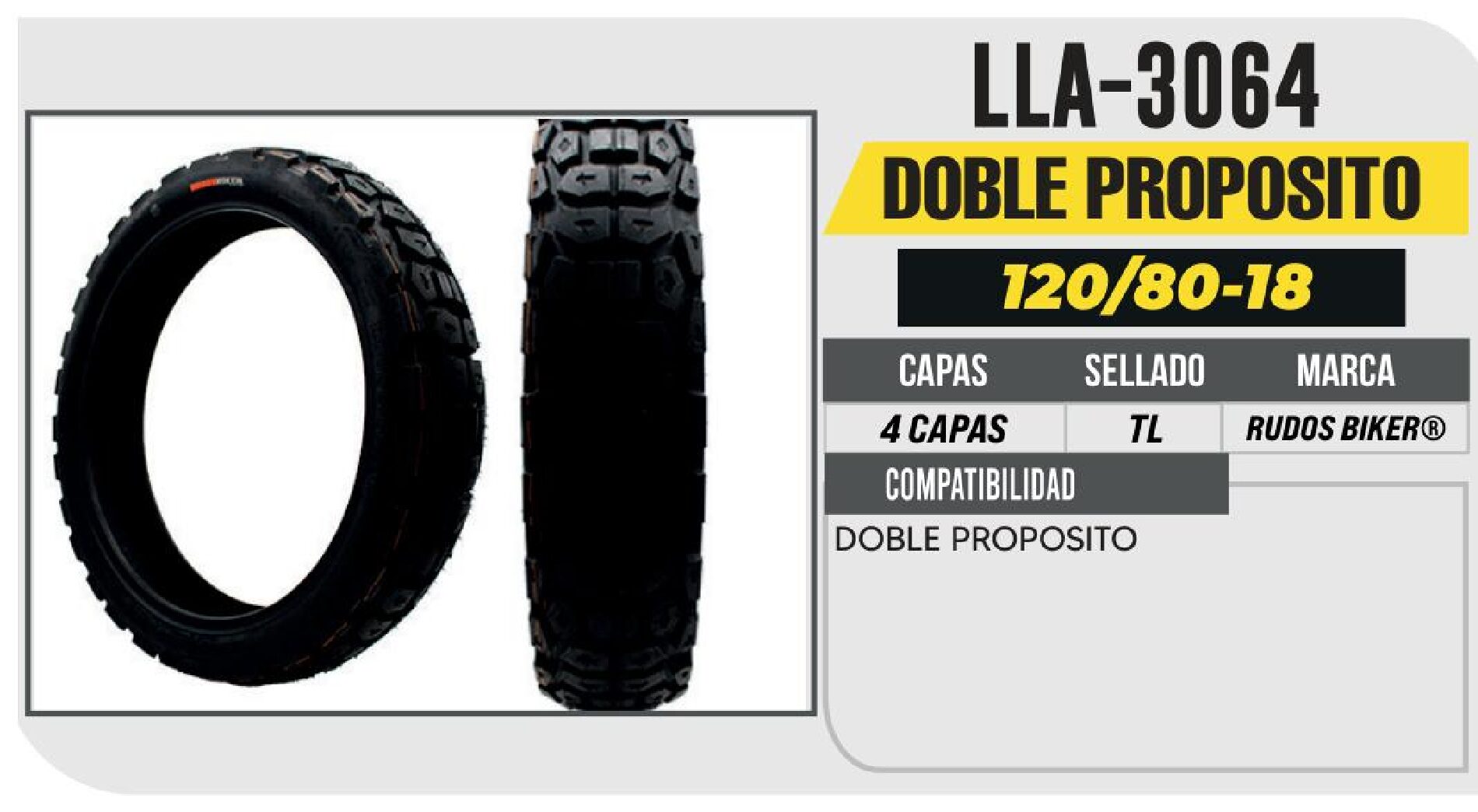 LLANTA PARA MOTOCICLETA 120/80-18 RUDOS BIKER P207 CALLE 4PR NO USA CAMARA (TL) TRASERA / LLA-3064