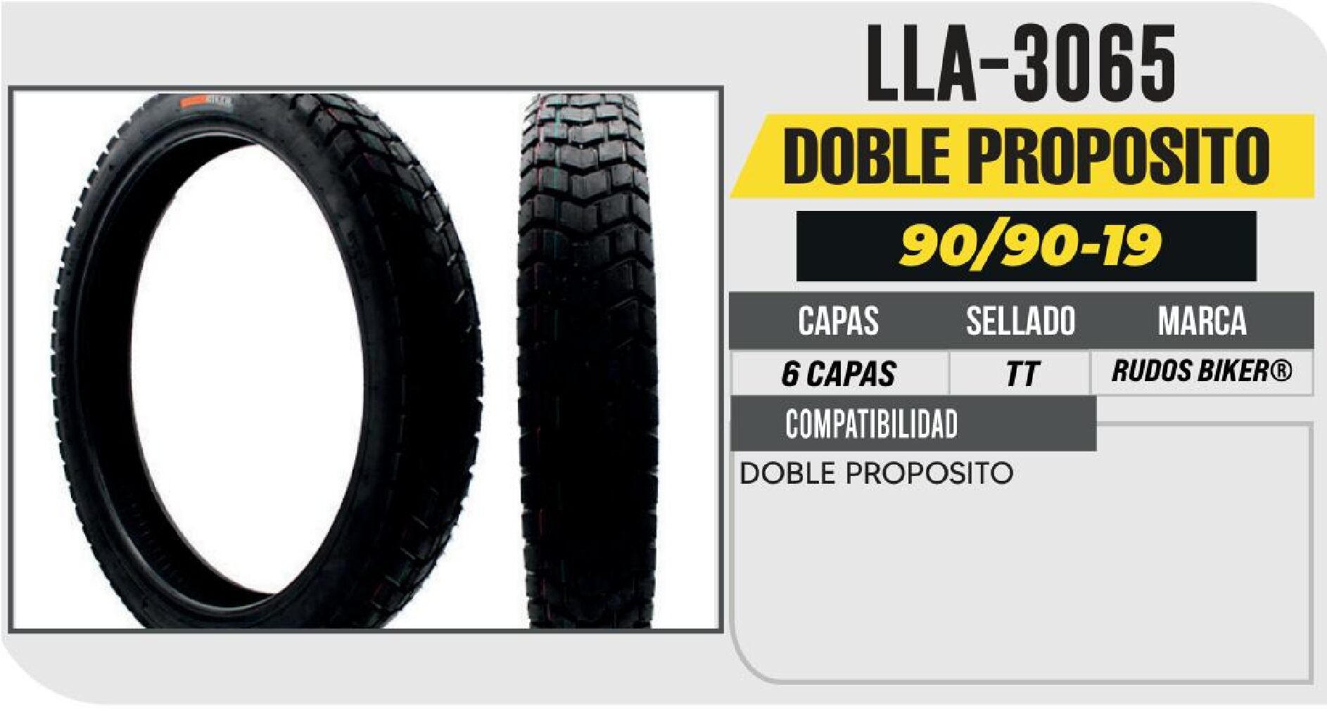 POWER - LLANTA PARA MOTOCICLETA 90/90-19 RUDOS BIKER P126 DOBLE PROPOSITO 6PR USA CAMARA (TT) DELANTERA / LLA-3065