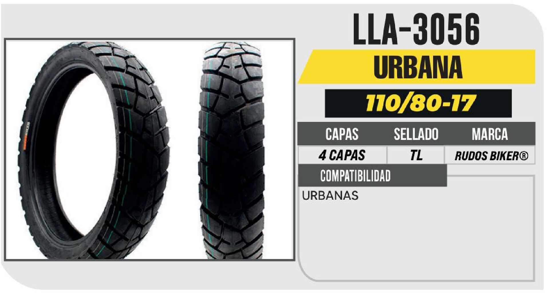 LLANTA PARA MOTOCICLETA 110/90-17 RUDOS BIKER P154 6PR TT USA CAMARA / LLA-3096