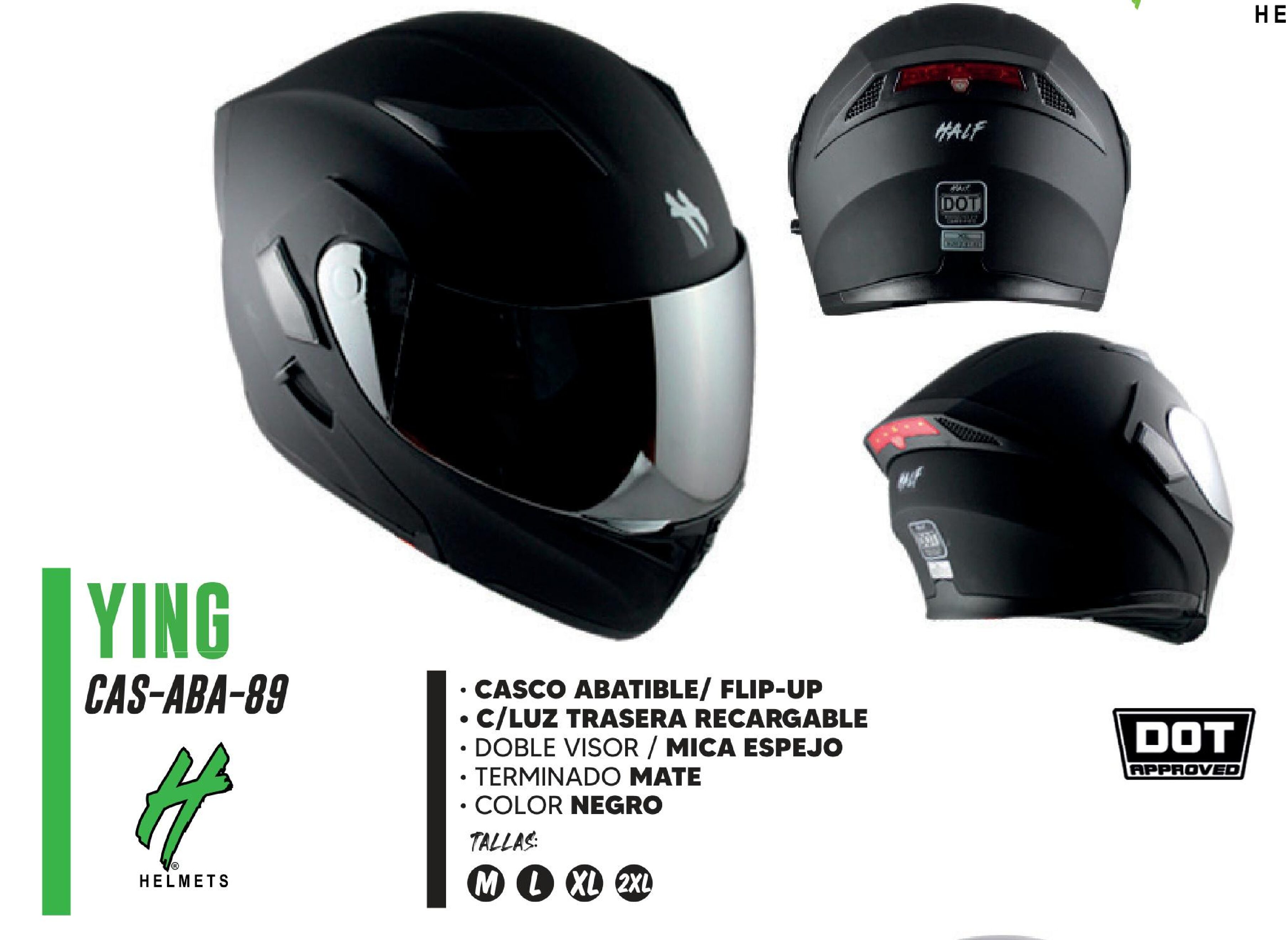 CASCO ABATIBLE HALF CERTIFICADO DOT C/LUZ TRASERA RECARGABLE Y DOBLE VISOR MICA ESPEJO / CAS-ABA-89XL