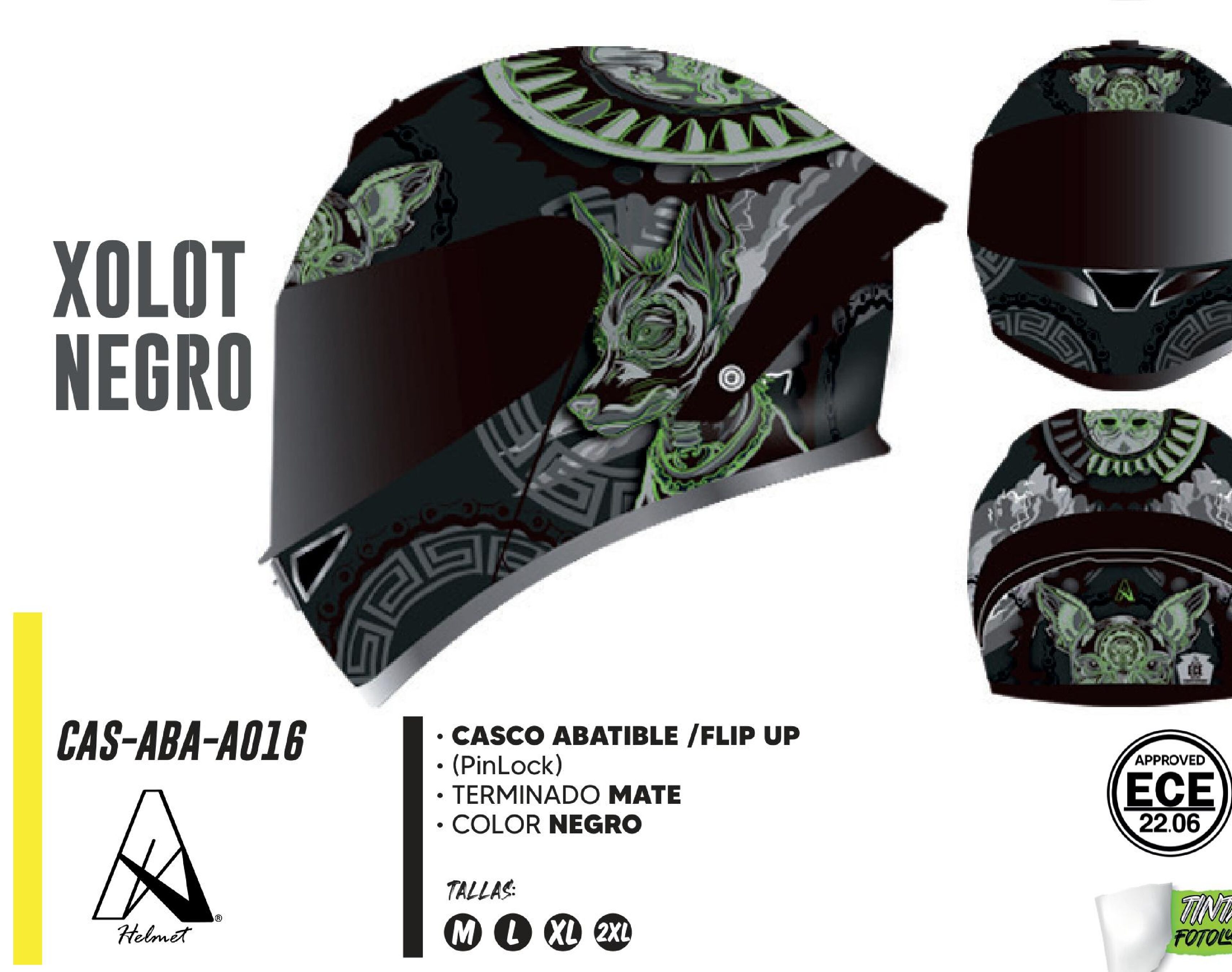 CASCO PARA MOTOCICLISTA ABATIBLE A-HELMET CERTIFICADO XOLOT NEGRO ECE-22.06 (PinLock) / CAS-ABA-A016-L