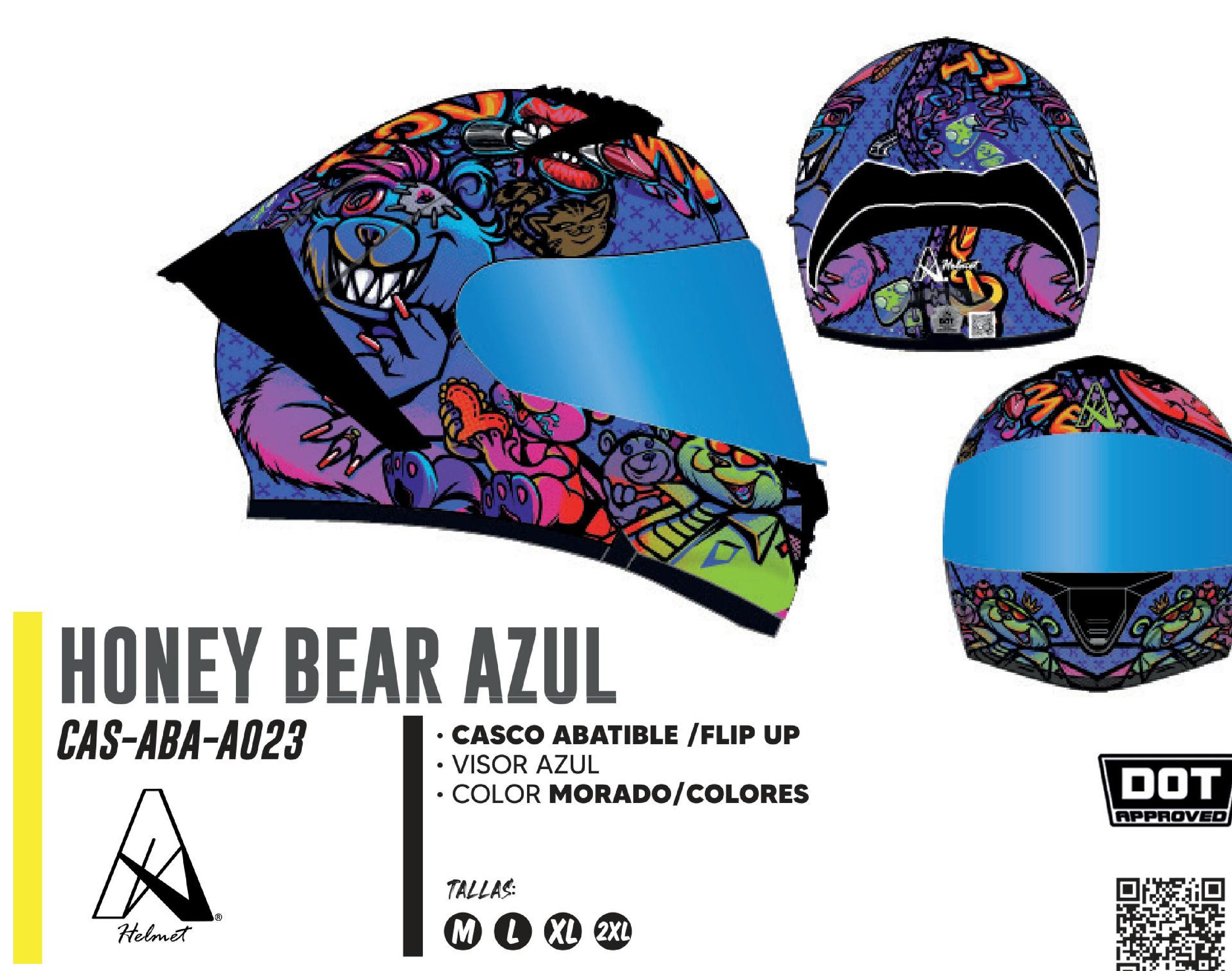 CASCO PARA MOTOCICLISTA ABATIBLE HONEY BEAR AZUL A-HELMET® CERTIFICADO DOT / CAS-ABA-A023-L