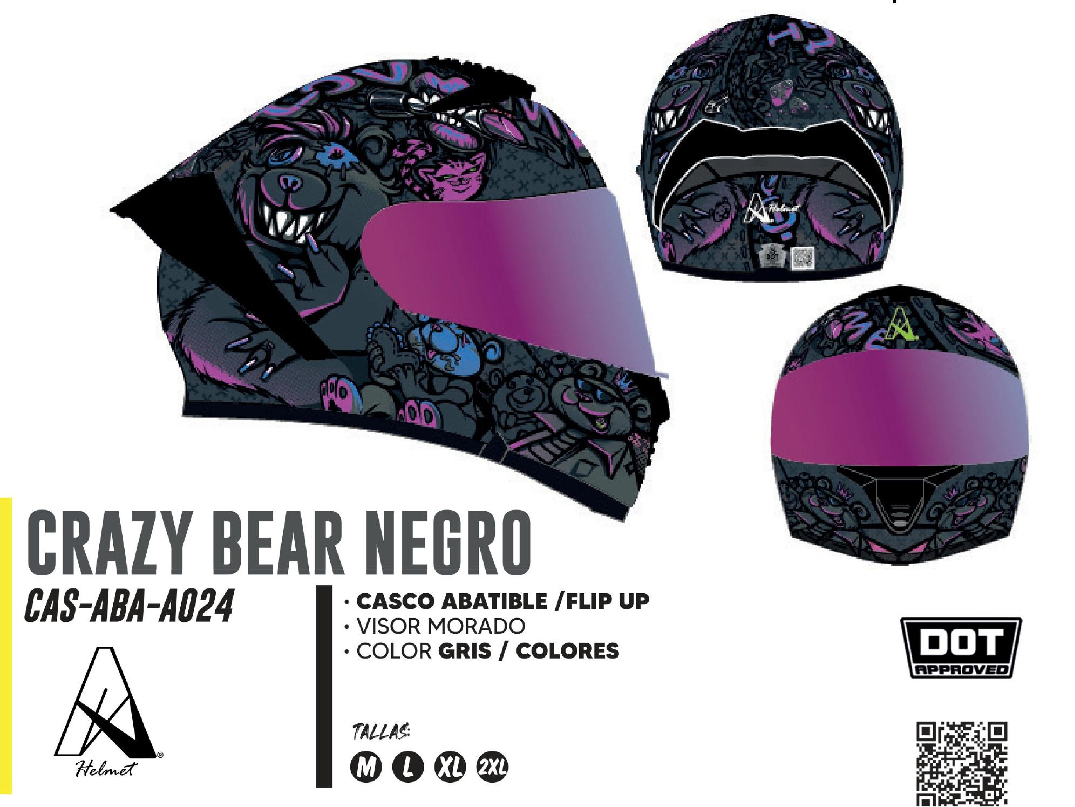 CASCO PARA MOTOCICLISTA ABATIBLE CRAZY BEAR NEGRO A-HELMET« CERTIFICADO DOT / CAS-ABA-A024-XL