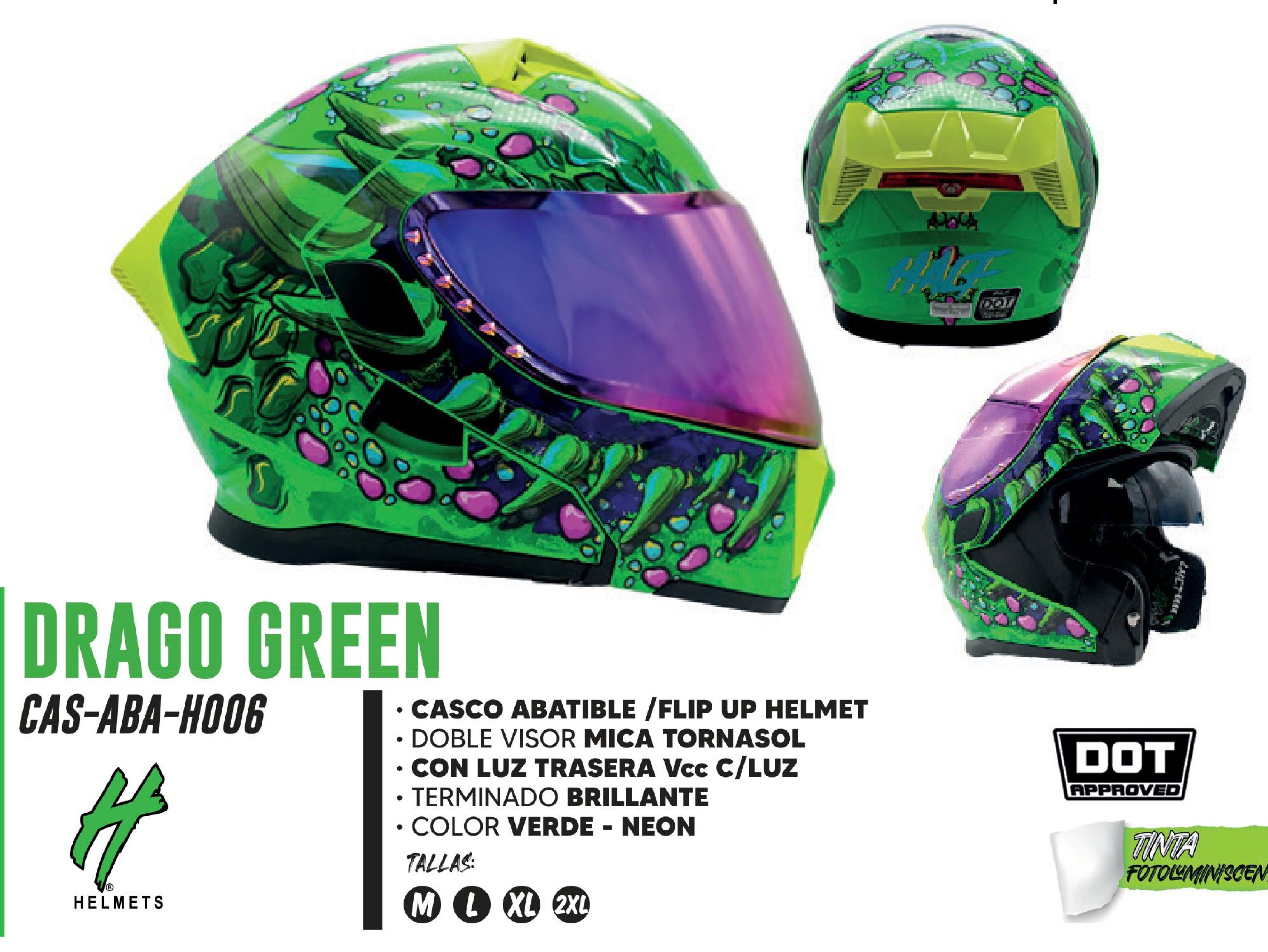 PRETEMPORADA - CASCO ABATIBLE DRAGO NEON GREEN CERTIFICADO DOT / CAS-ABA-H006-XL