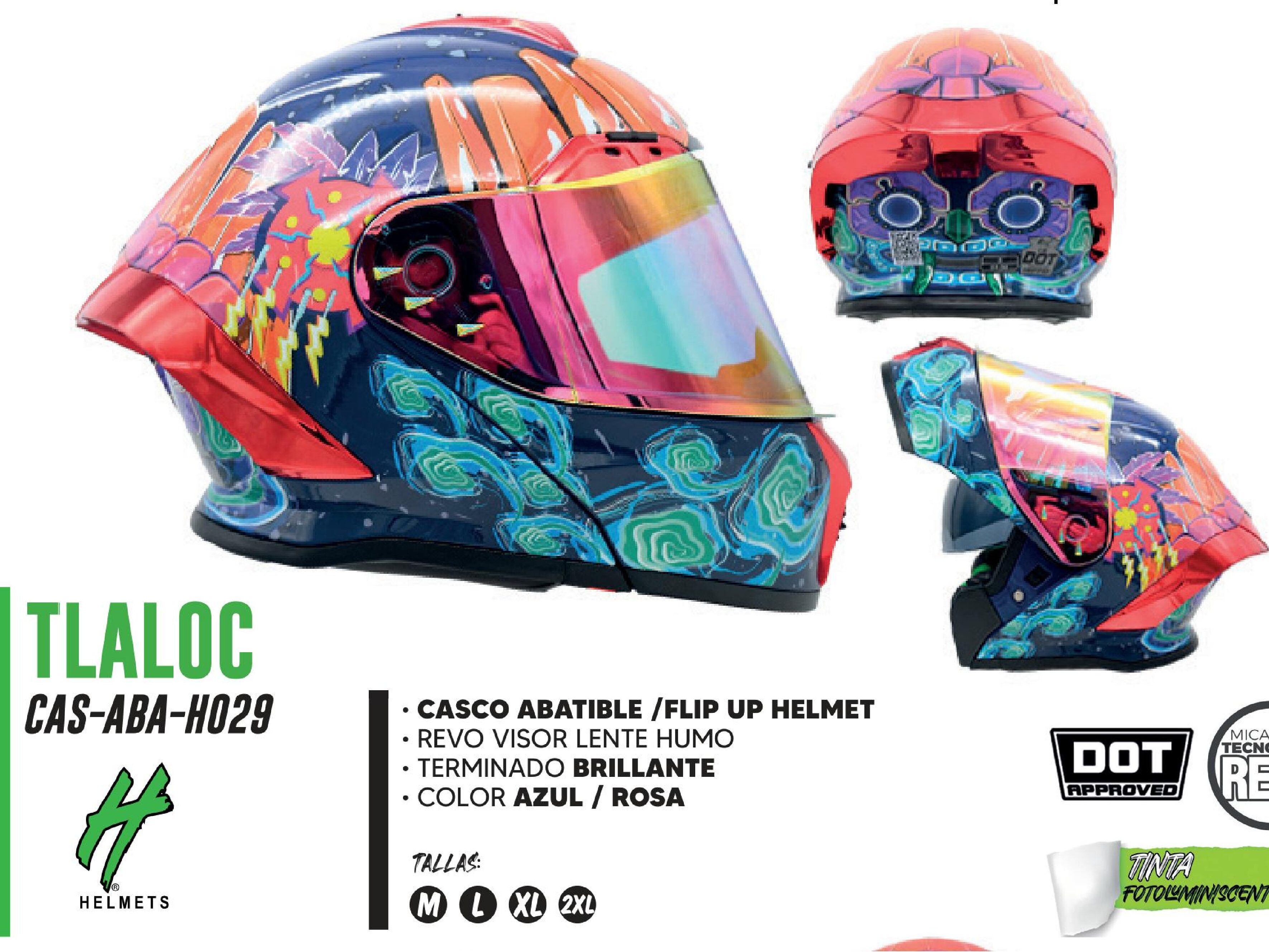 REGALO - CASCO PARA MOTOCICLISTA ABATIBLE HALF CERTIFICADO DOT BRILLANTE REVO VISOR LENTE HUMO FOTOLUMINICENTE / CAS-ABA-H029-XL