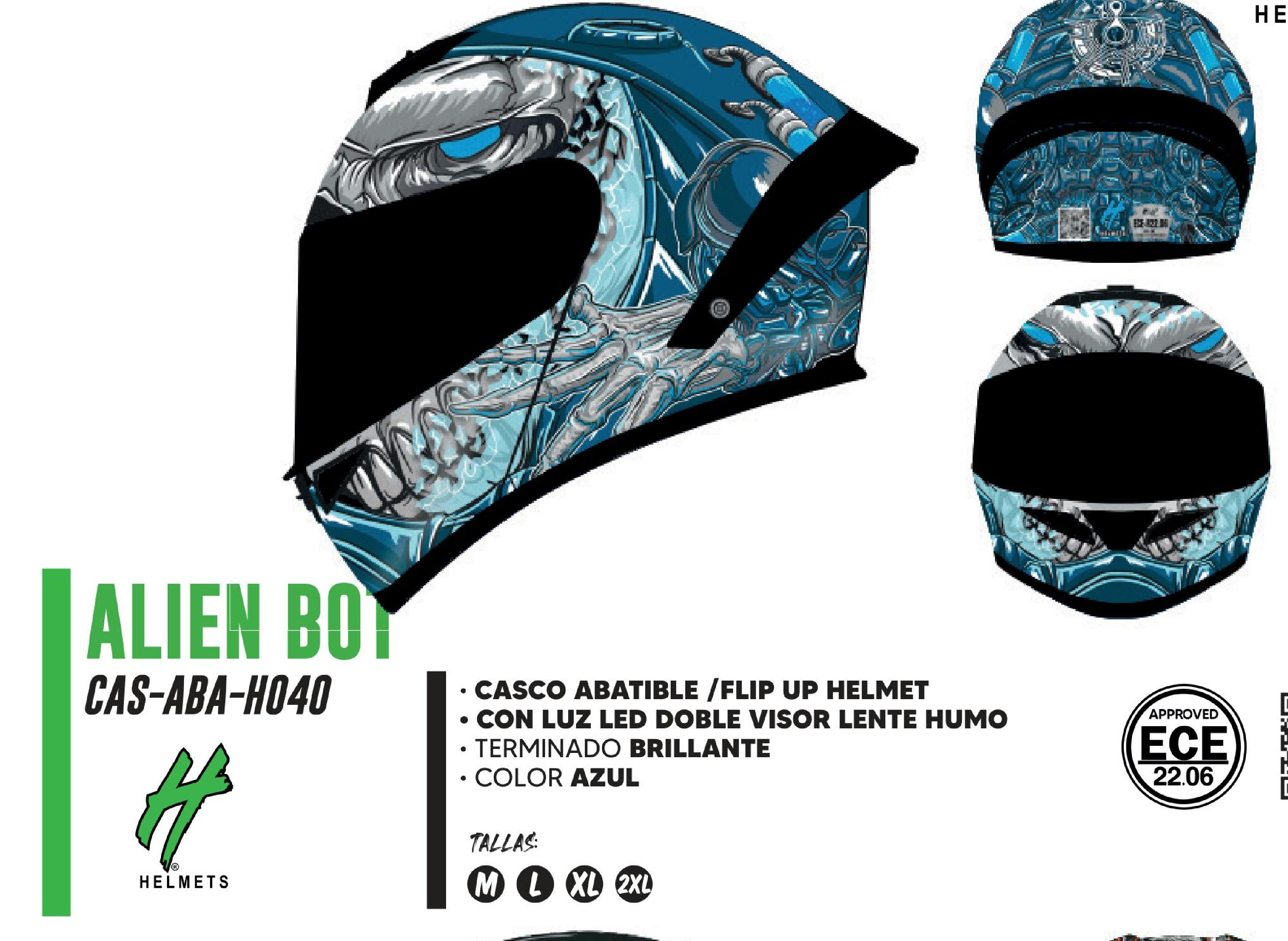 CASCO PARA MOTOCICLISTA ABATIBLE HALF ALIEN BOT CON LUZ LED CERTIFICADO ECE-22.06 MATE AZUL DOBLE VISOR LENTE HUMO / CAS-ABA-H040-XL