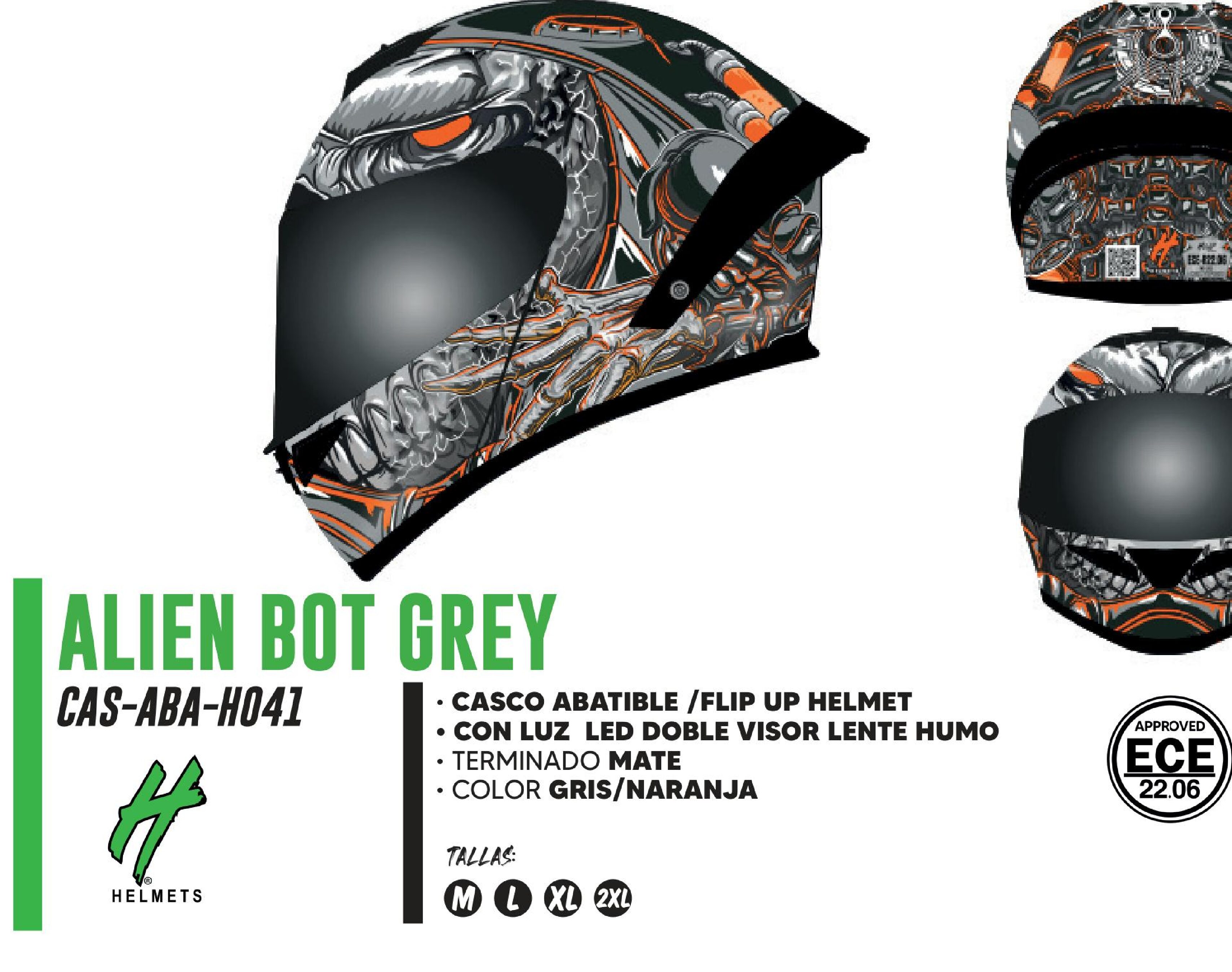 CASCO PARA MOTOCICLISTA ABATIBLE HALF ALIEN BOT GREY CON LUZ LED CERTIFICADO ECE-22.06 MATE GRIS/NARANJA DOBLE VISOR LENTE HUMO / CAS-ABA-H041-M