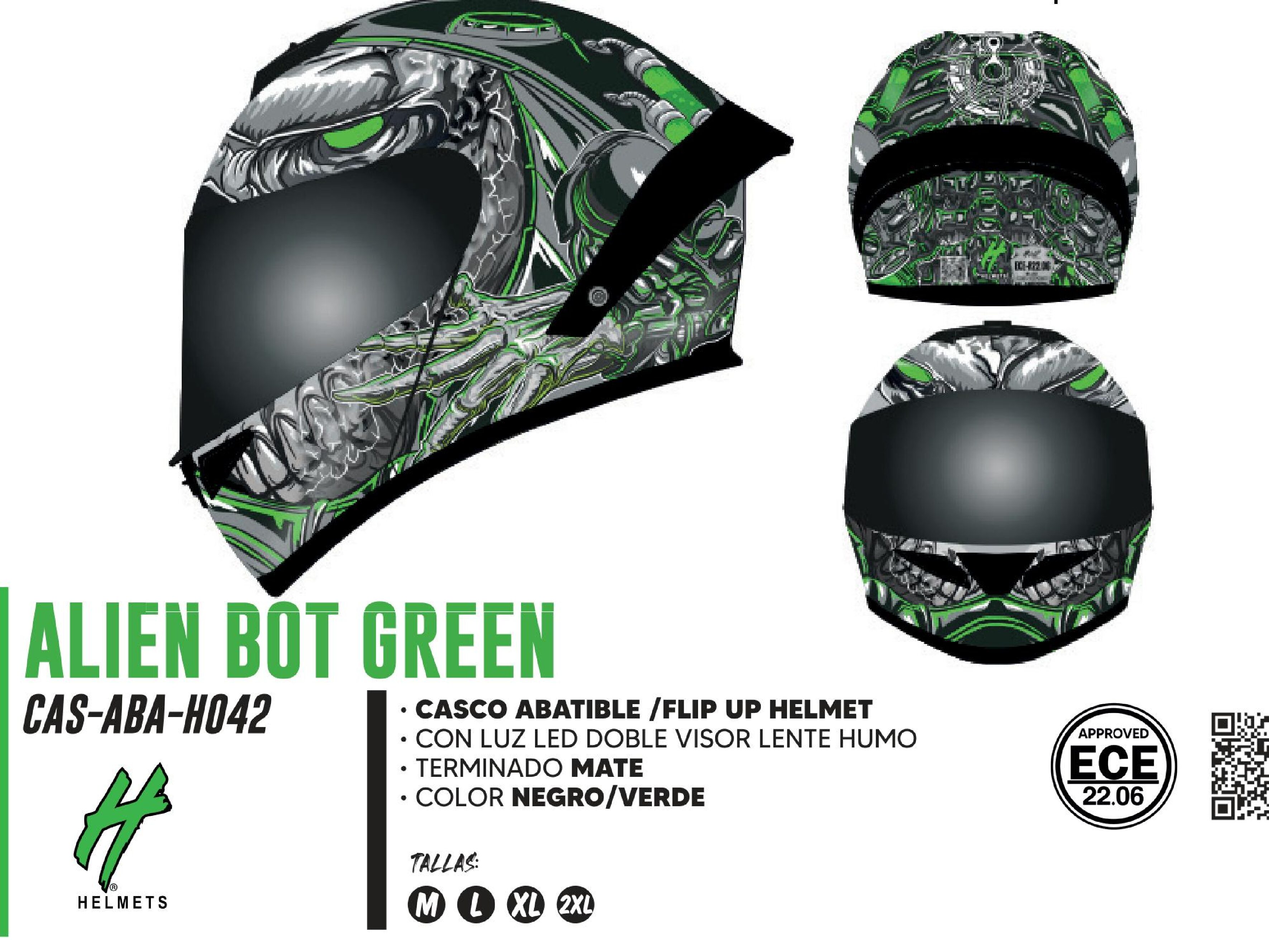 SHOP 25 - CASCO PARA MOTOCICLISTA ABATIBLE HALF ALIEN BOT GREEN CON LUZ LED CERTIFICADO ECE-22.06 MATE GRIS/VERDE DOBLE VISOR LENTE HUMO / CAS-ABA-H042-M