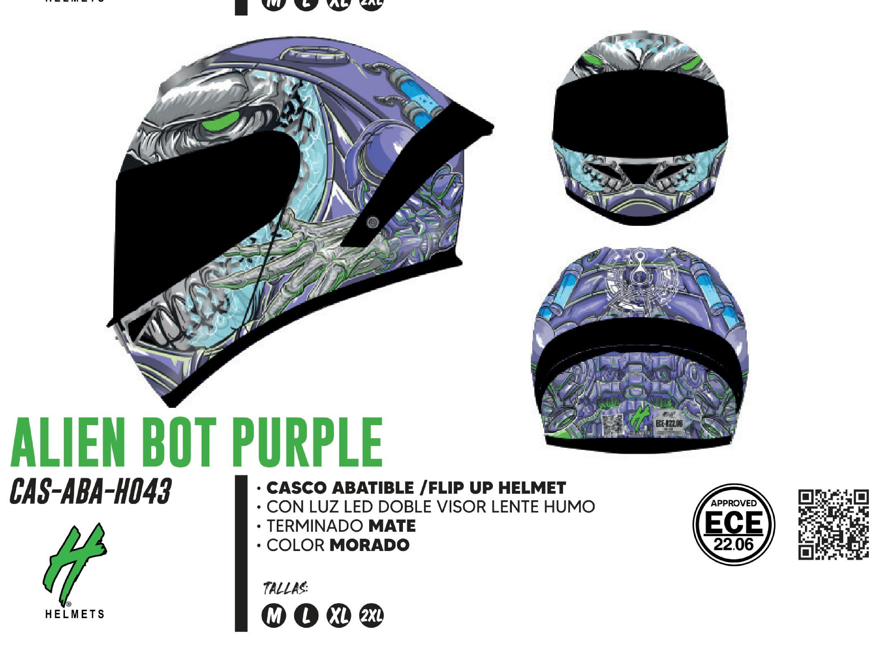 CASCO PARA MOTOCICLISTA ABATIBLE HALF ALIEN BOT PURPLE CON LUZ LED CERTIFICADO ECE-22.06 MATE MORADO DOBLE VISOR LENTE HUMO / CAS-ABA-H043-XL