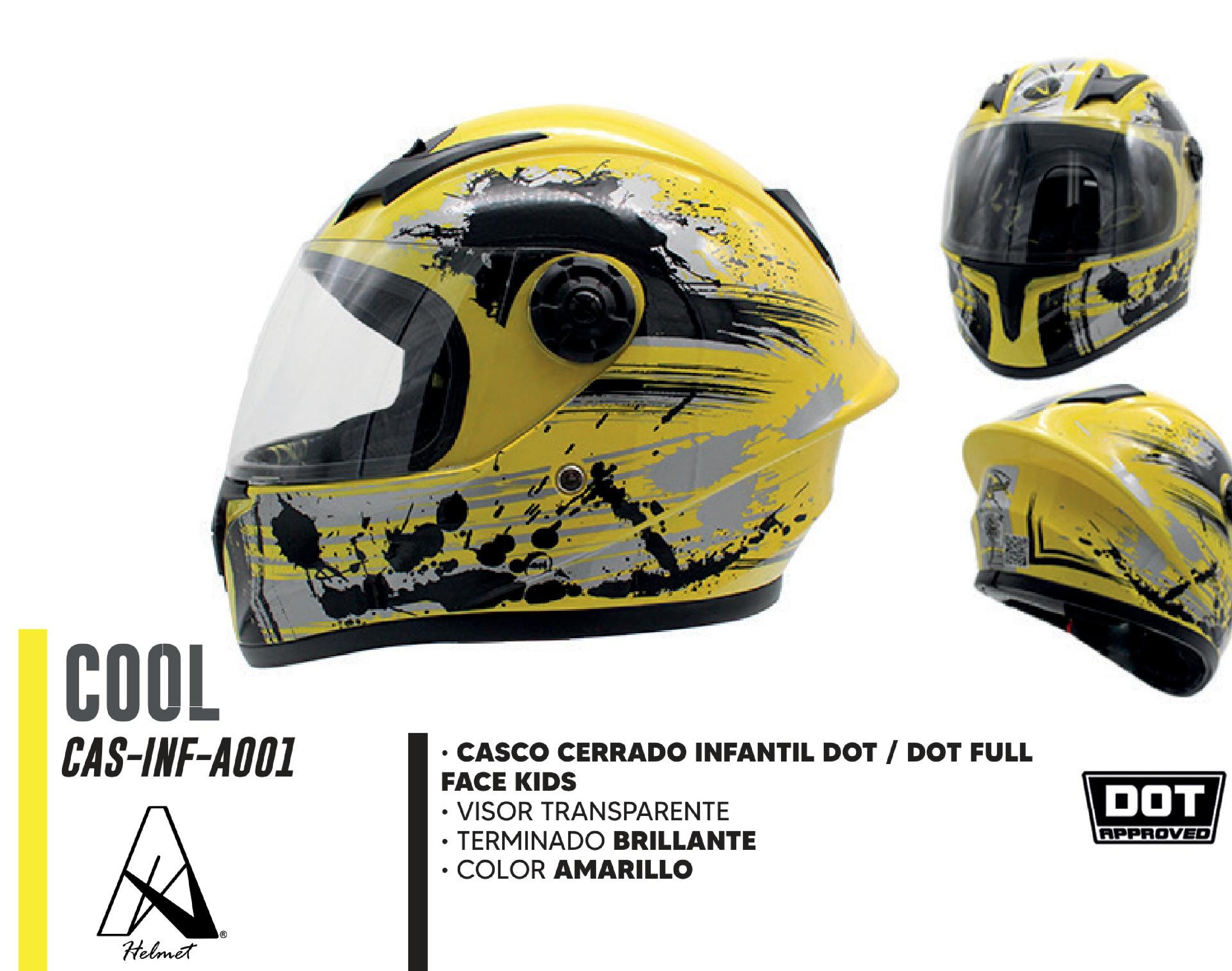 SHOP 25 - CASCO PARA MOTOCICLISTA INFANTIL CERRADO A-HELMET CERTIFICADO DOT BRILLANTE VISOR TRANSPARENTE / CAS-INF-A001-L