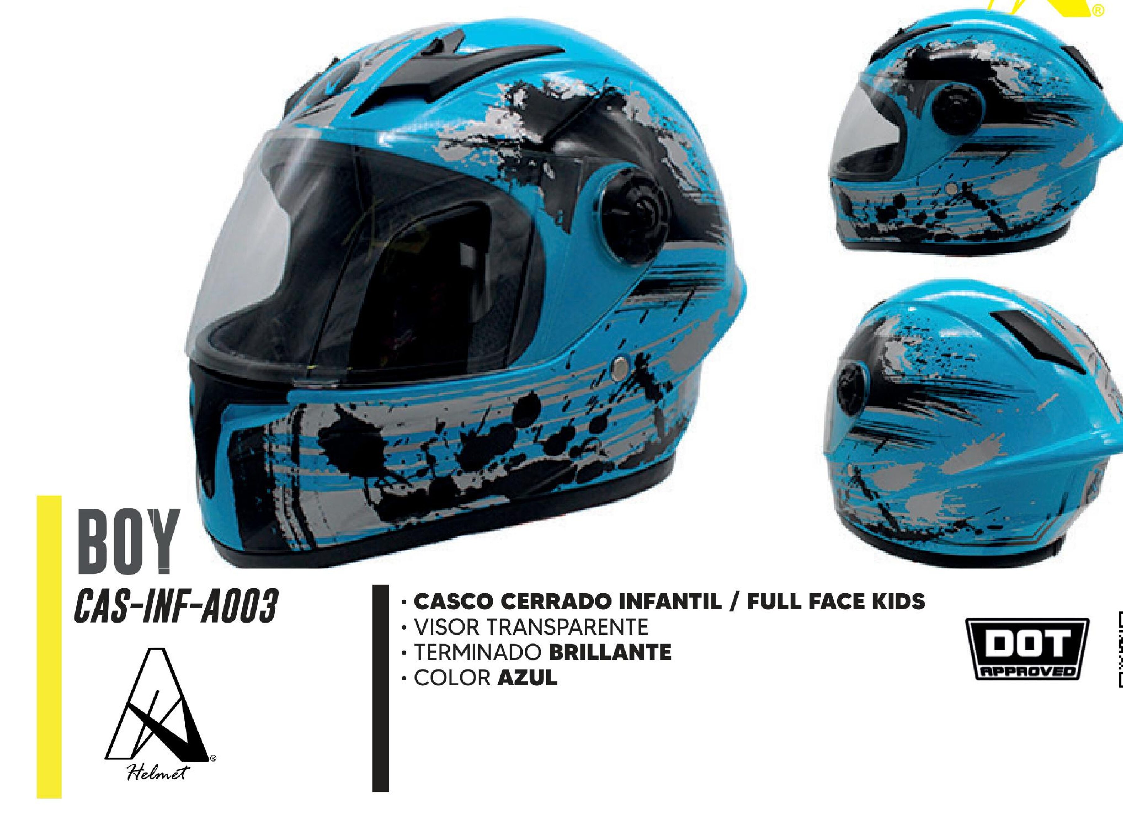 ESPECIAL - CASCO PARA MOTOCICLISTA INFANTIL CERRADO A-HELMET CERTIFICADO DOT BRILLANTE VISOR TRANSPARENTE / CAS-INF-A003-L